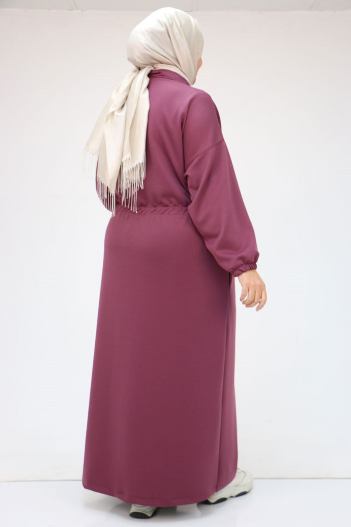 46013 Büyük Beden Fermuar Aksesuar Detaylı Osyho Ferace - Gül Kurusu