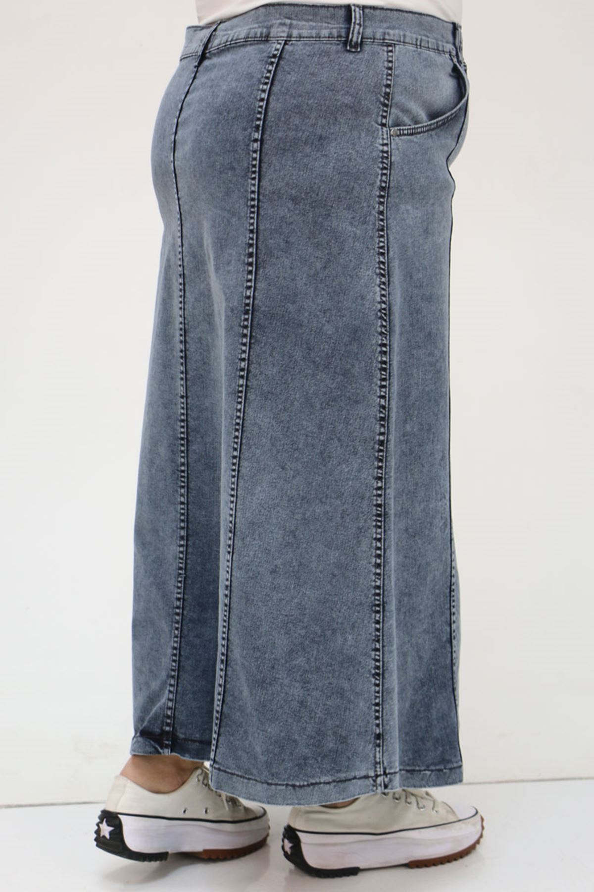 45007 Büyük Beden Parçalı Taş Detaylı Kot Etek - Mavi