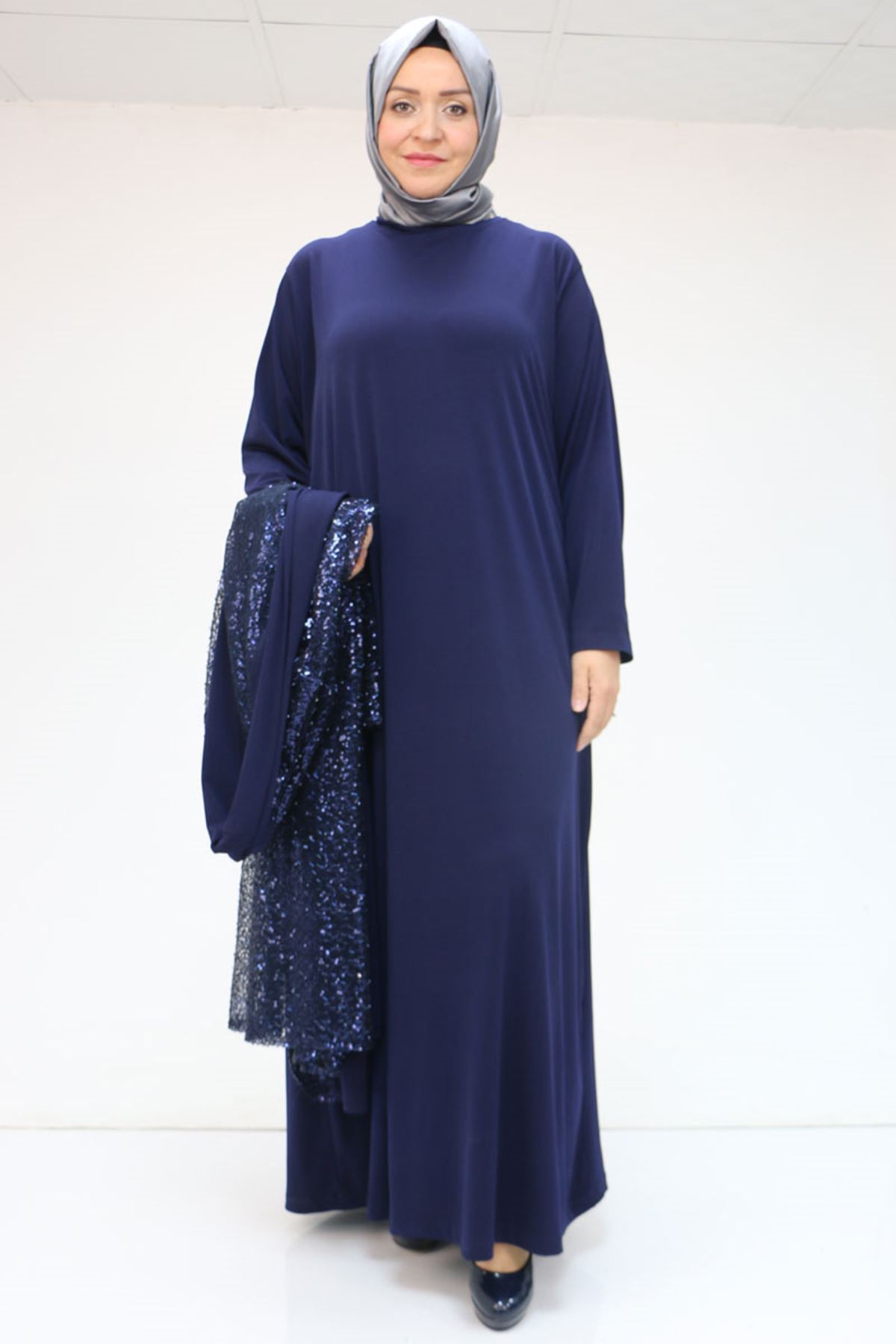 47205 Büyük Beden Pul Payetli -Sandy Elbise - Lacivert