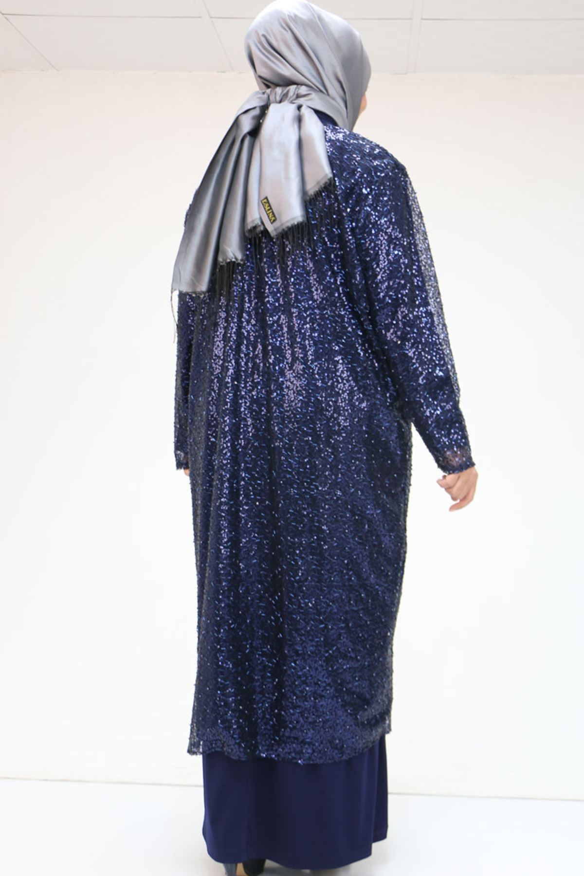 47205 Büyük Beden Pul Payetli -Sandy Elbise - Lacivert