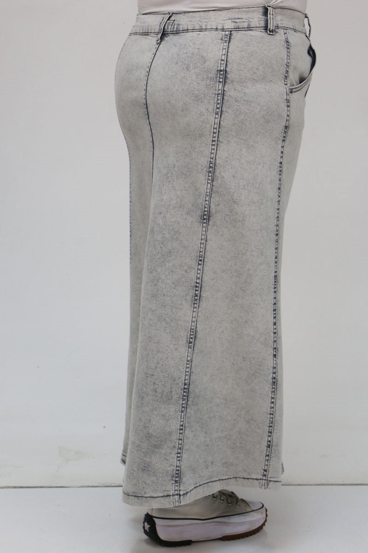 45007 Büyük Beden Parçalı Taş Detaylı Kot Etek - Gri