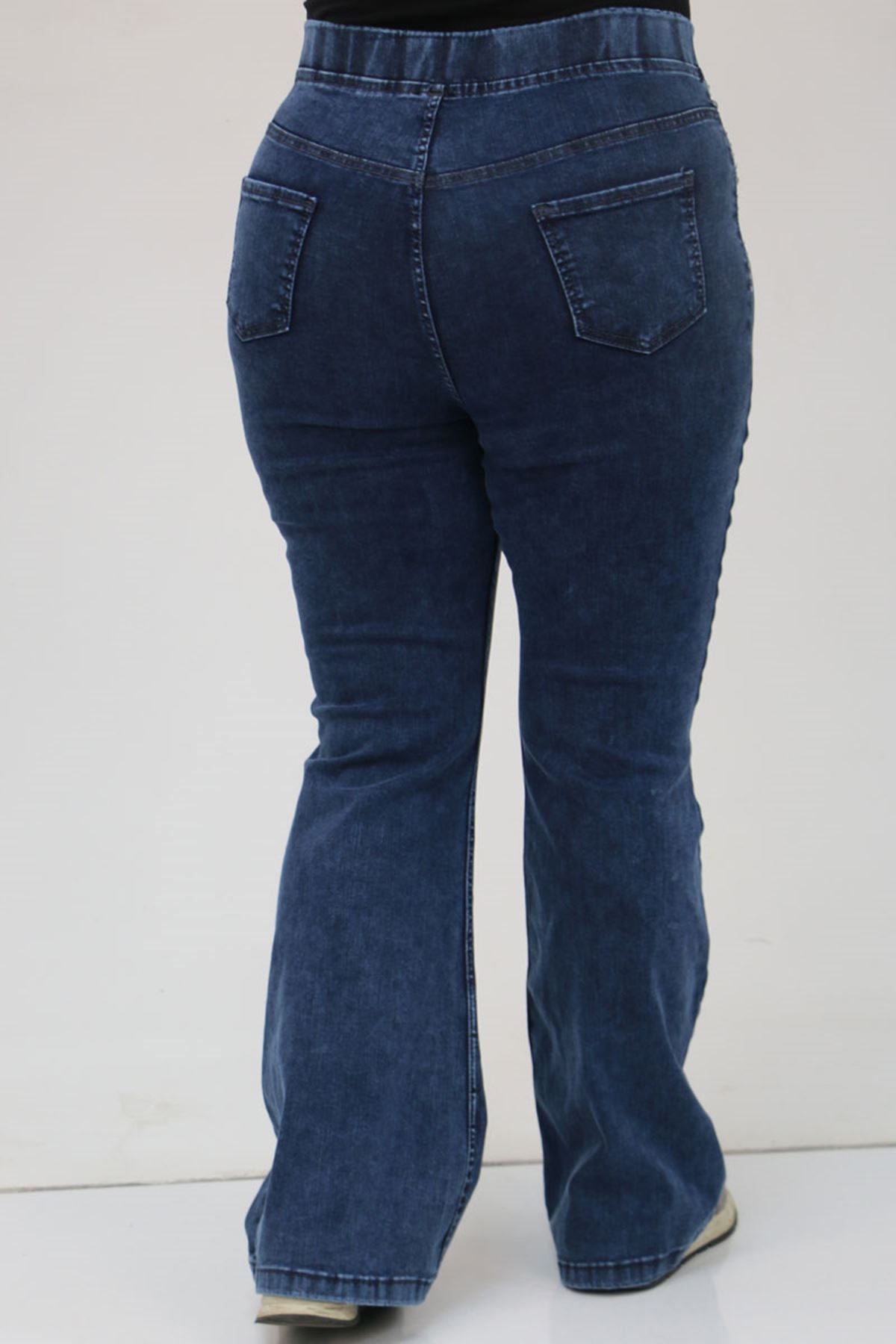 9201 Büyük Beden Beli Lastikli Taş Detaylı Kot Pantolon - Lacivert
