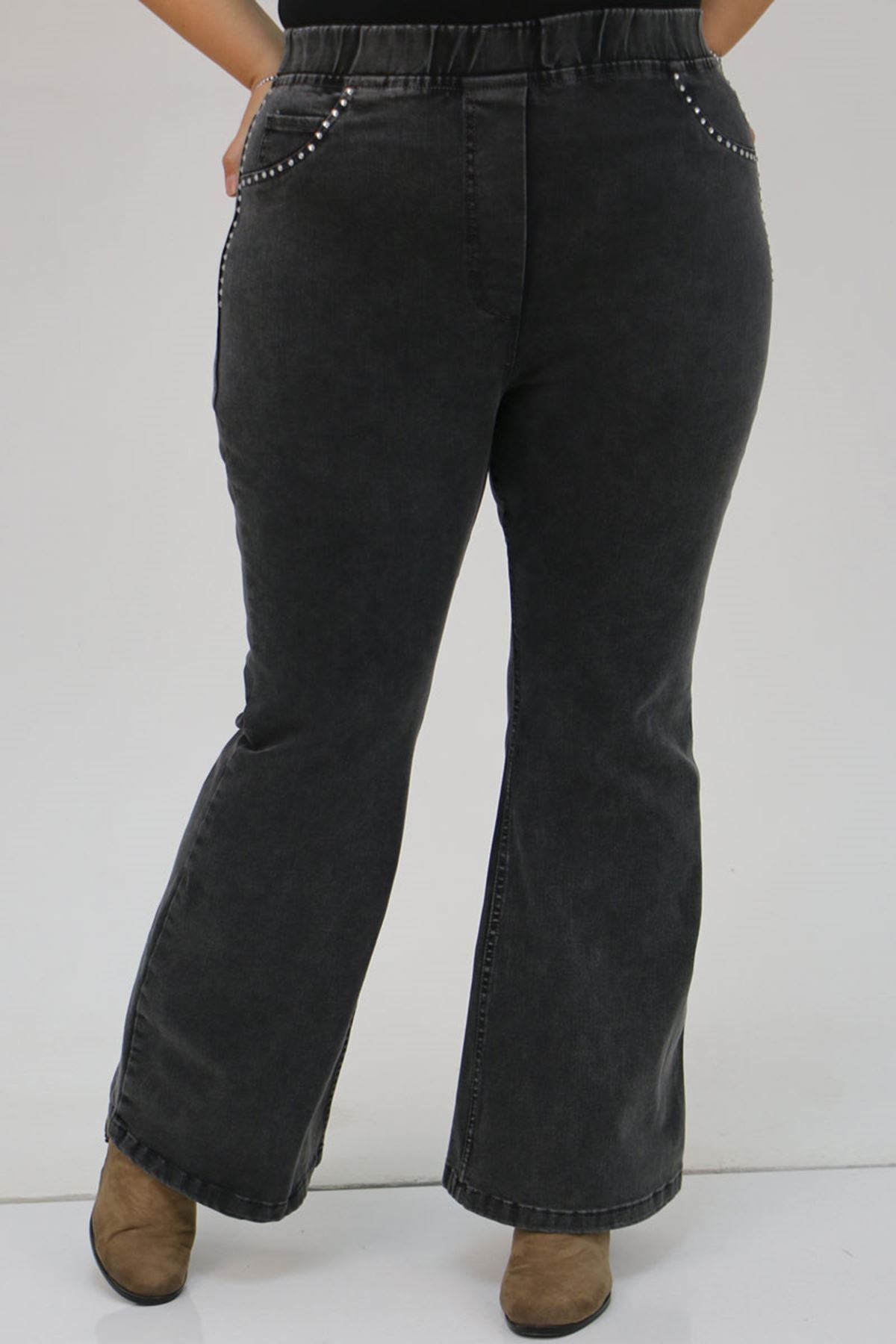 9201 Büyük Beden Beli Lastikli İnci Taş Detaylı Kot Pantolon - Siyah