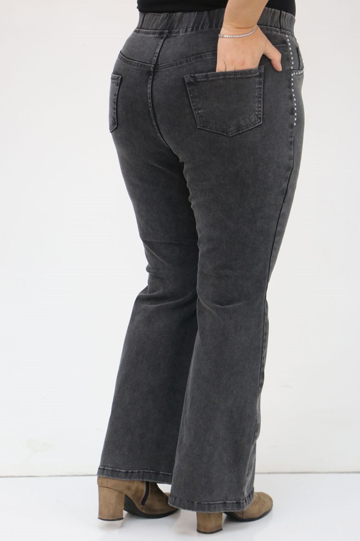 9201 Büyük Beden Beli Lastikli İnci Taş Detaylı Kot Pantolon - Siyah