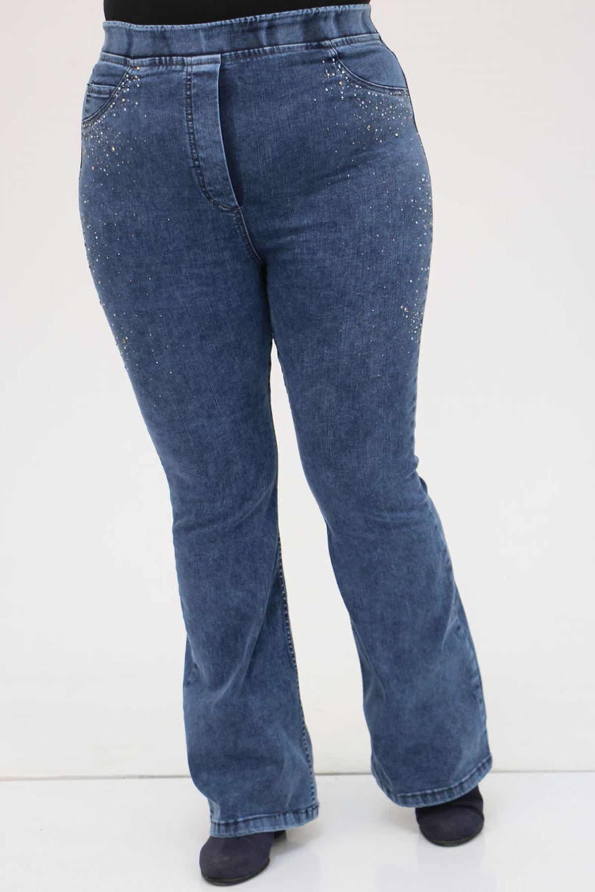 9202 Büyük Beden Beli Lastikli Taş Detaylı Kot Pantolon - Lacivert
