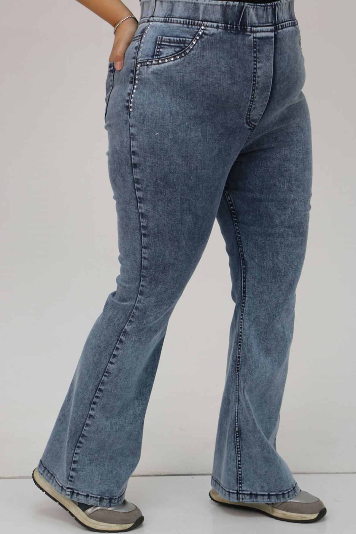 9201 Büyük Beden Beli Lastikli İnci Taş Detaylı Kot Pantolon - Buz Mavi