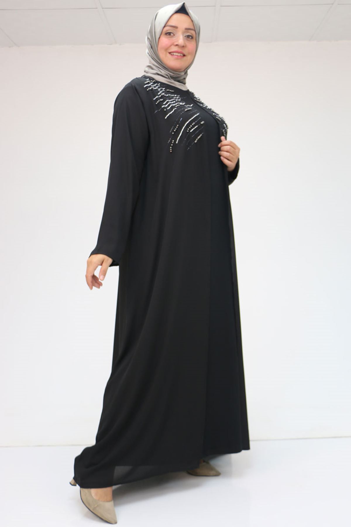 42020 Büyük Beden Taş Baskılı Sandy - Şifon Takım - Siyah