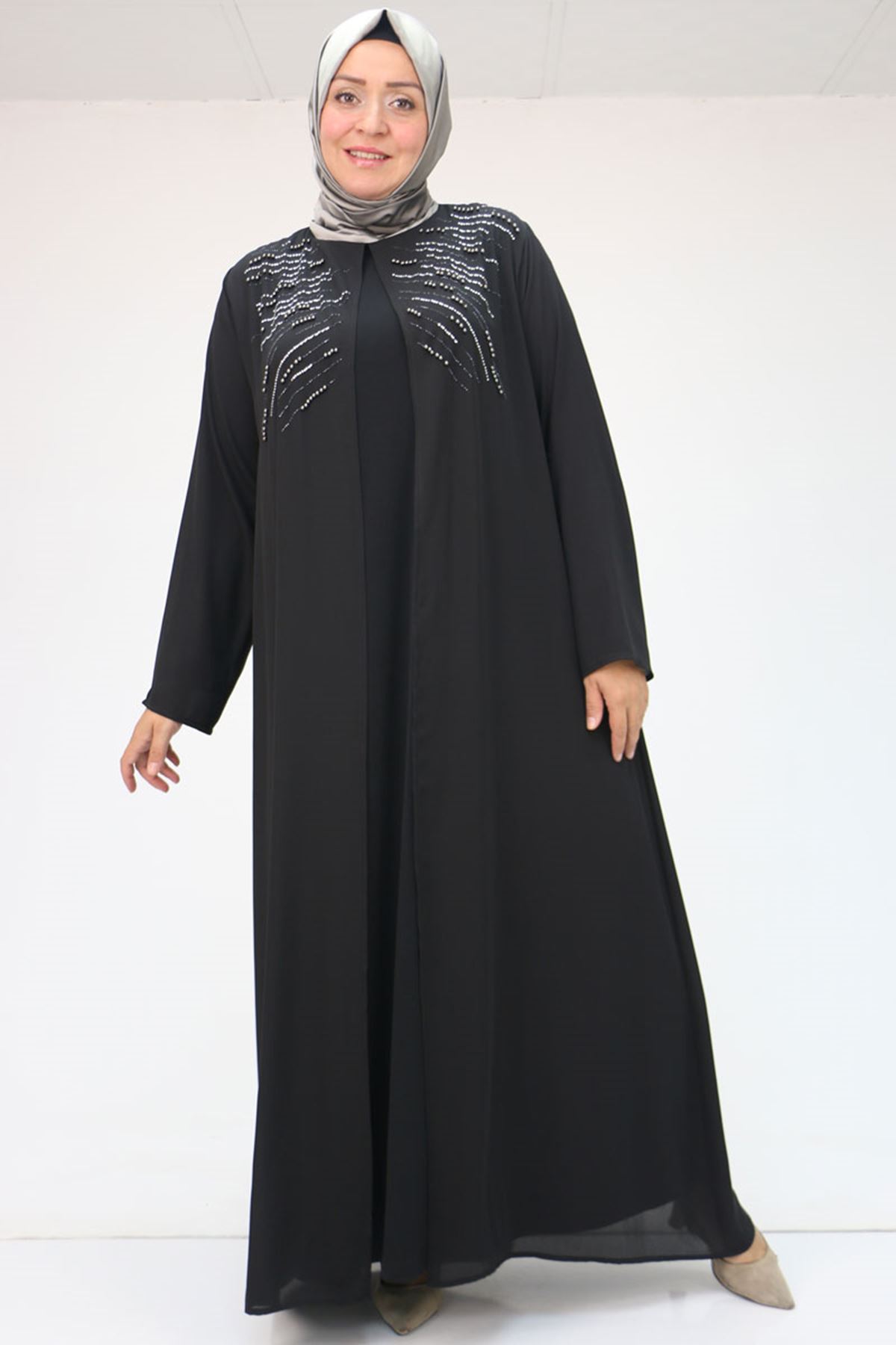 42020 Büyük Beden Taş Baskılı Sandy - Şifon Takım - Siyah