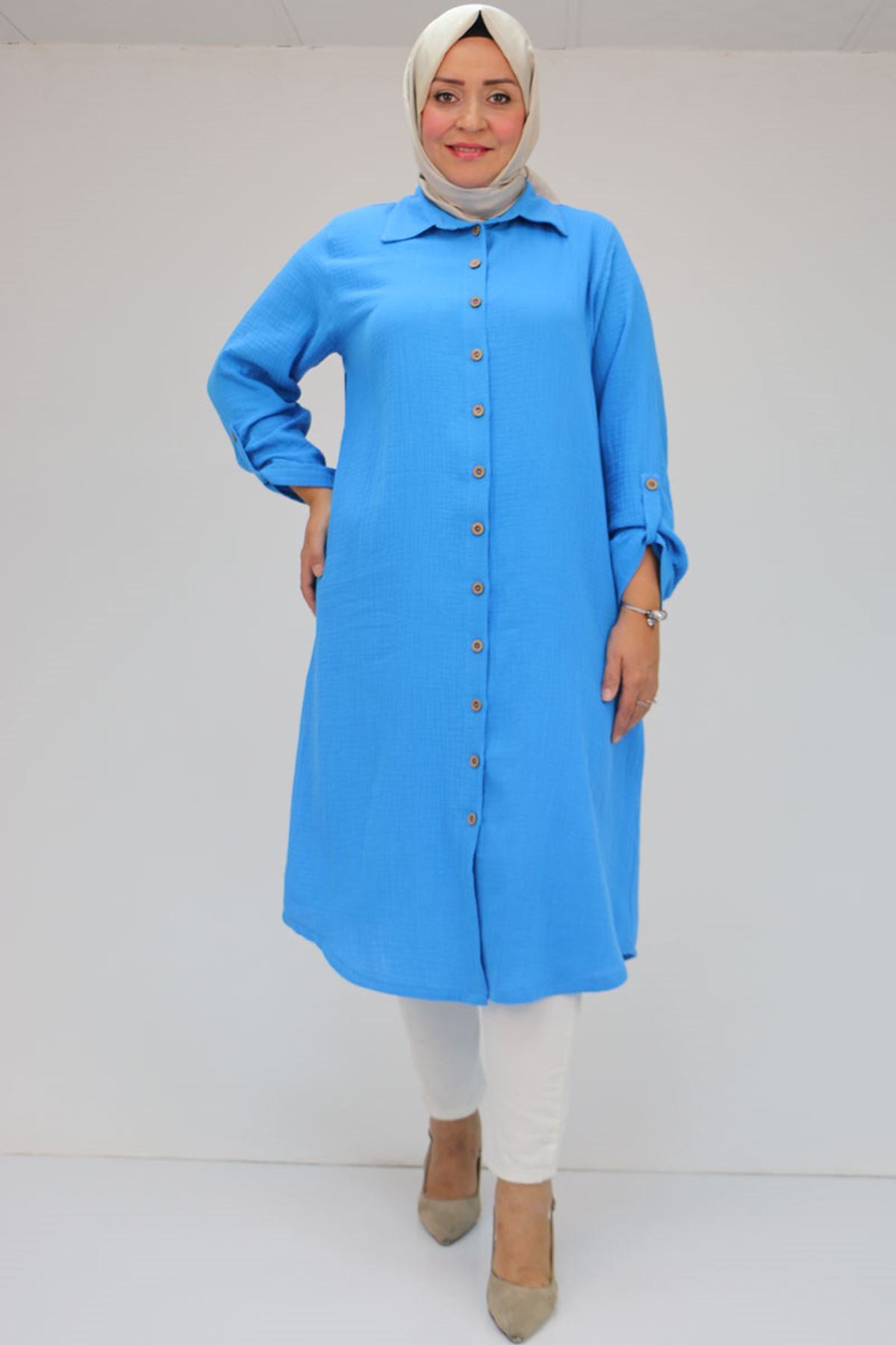 48058 Büyük Beden  Düğmeli Müslin Gömlek - Mavi