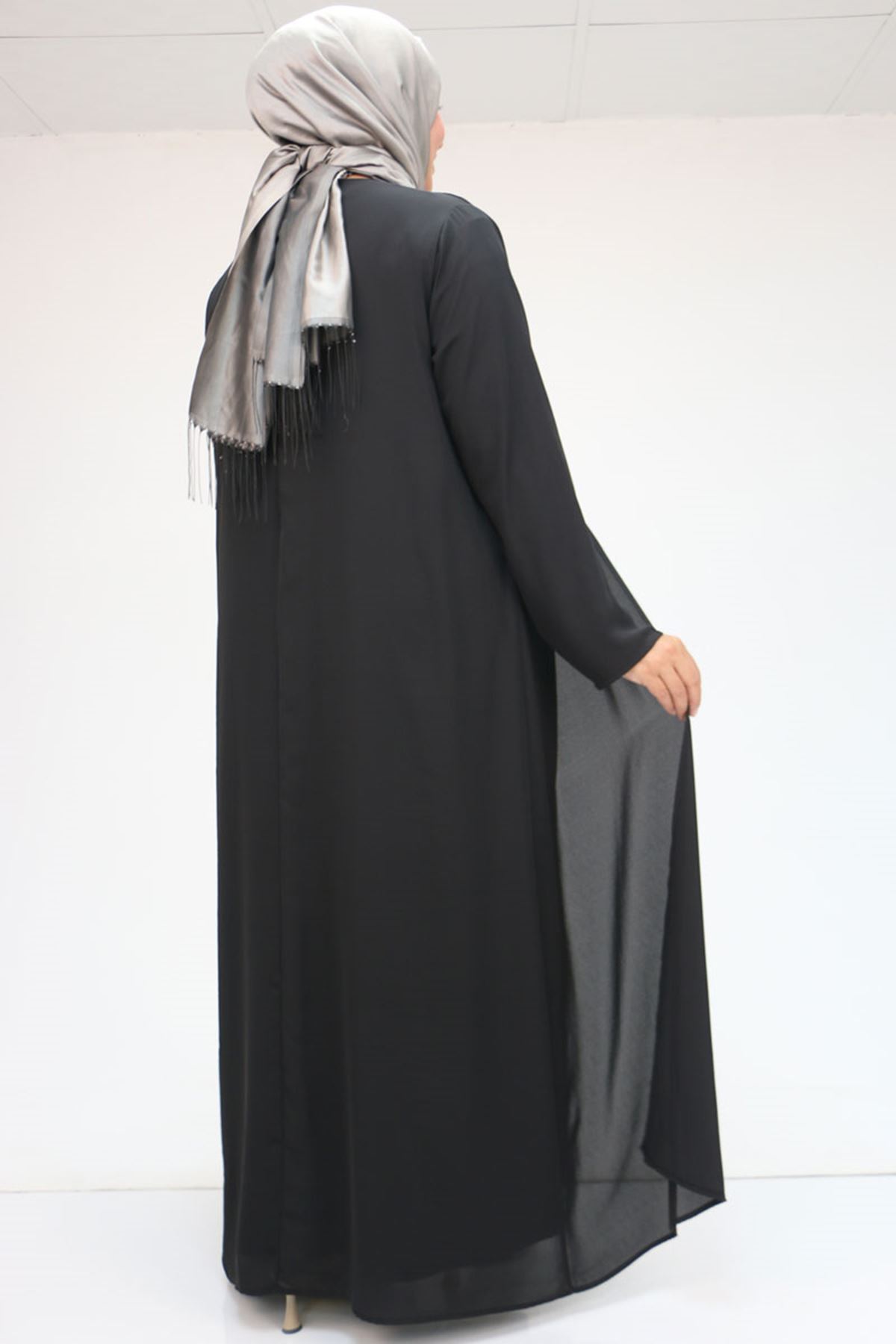 42020 Büyük Beden Taş Baskılı Sandy - Şifon Takım - Siyah