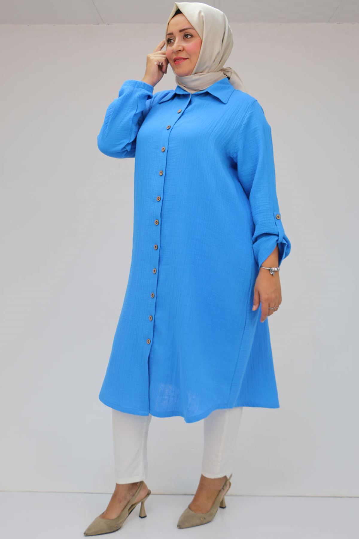 48058 Büyük Beden  Düğmeli Müslin Gömlek - Mavi