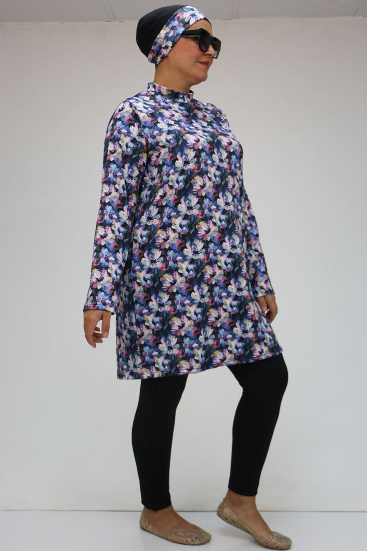 1727 Büyük Beden  Uzunkol Tesettür Mayo Takım - Gül Çiçekli