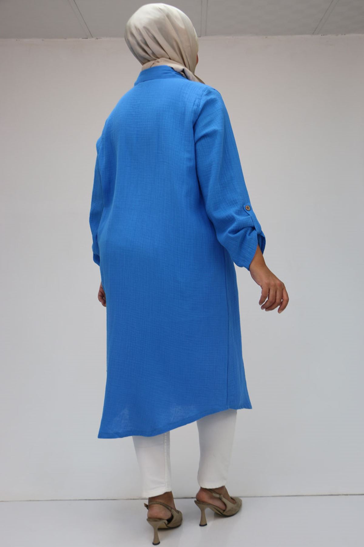 48058 Büyük Beden  Düğmeli Müslin Gömlek - Mavi