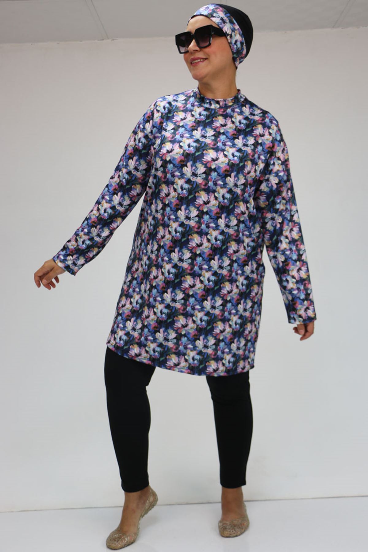 1727 Büyük Beden  Uzunkol Tesettür Mayo Takım - Gül Çiçekli