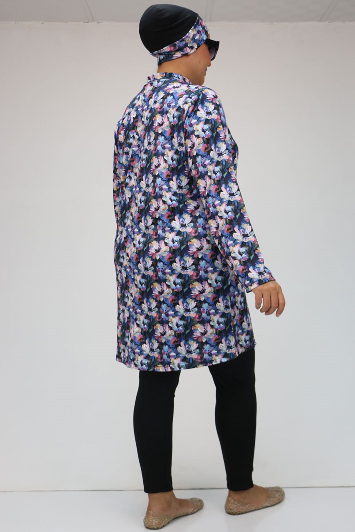 1727 Büyük Beden  Uzunkol Tesettür Mayo Takım - Gül Çiçekli