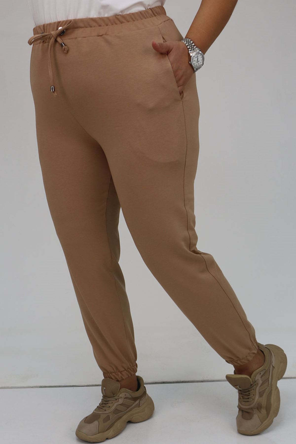 49513 Büyük Beden İki İplik Paça Lastikli Eşofman Altı - Bej