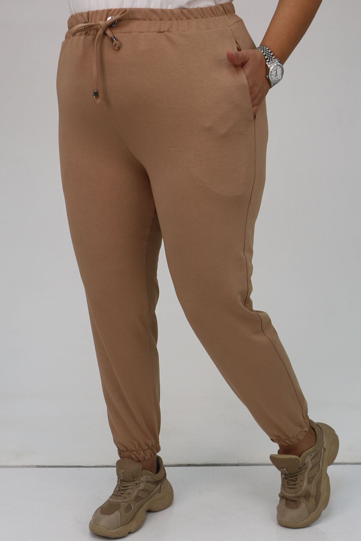 49513 Büyük Beden İki İplik Paça Lastikli Eşofman Altı - Bej