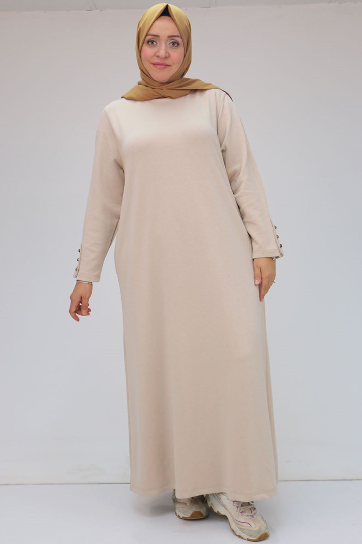 42031 Büyük Beden Cepli Patlı Modal Elbise - Bej
