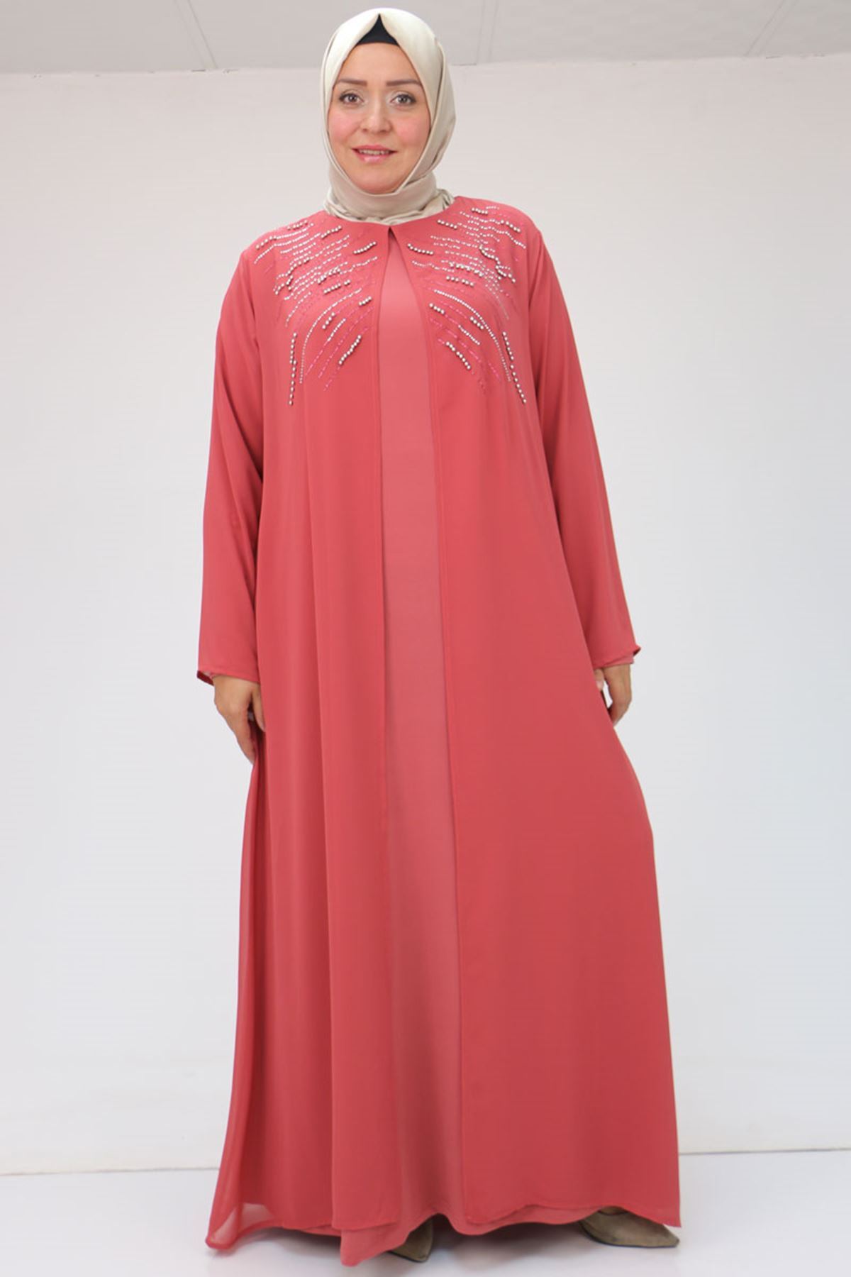 42020 Büyük Beden Taş Baskılı Sandy - Şifon Takım - Gül Kurusu