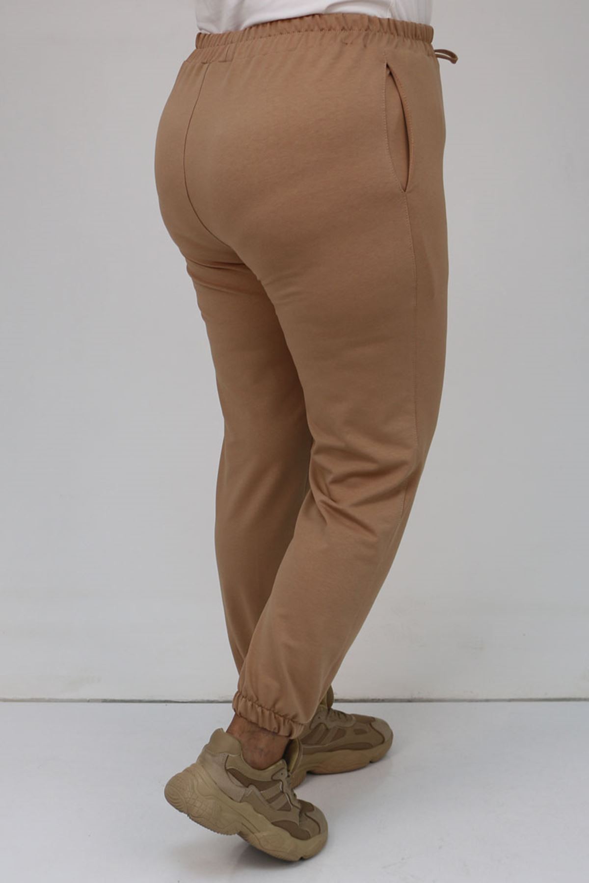 49513 Büyük Beden İki İplik Paça Lastikli Eşofman Altı - Bej