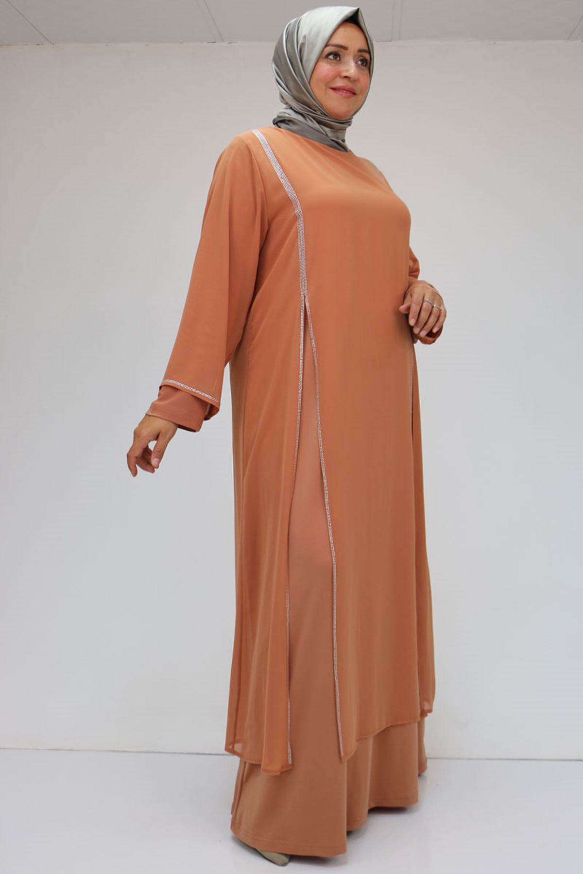 42001 Büyük Beden  Sandy Taş Detaylı Elbise - Somon