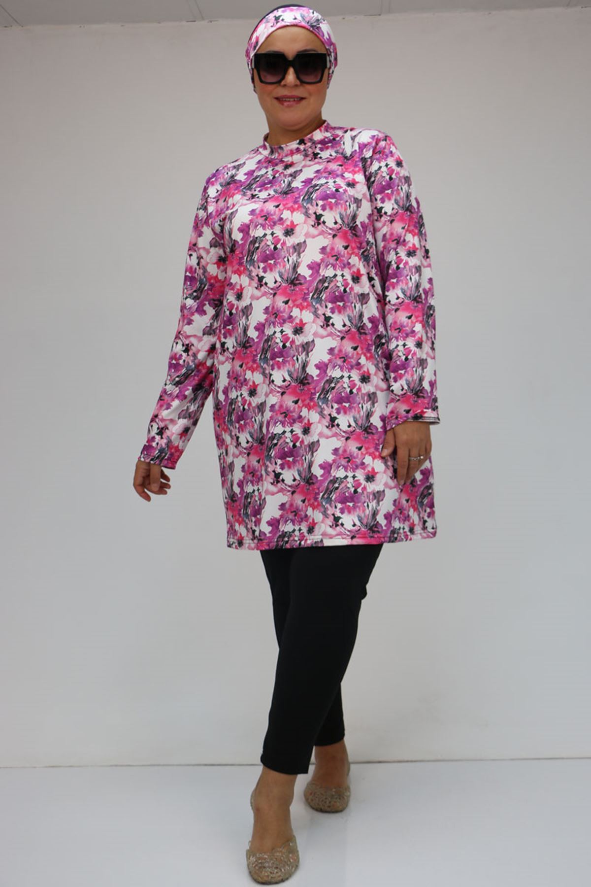 1727 Büyük Beden  Uzunkol Tesettür Mayo Takım - Pembe - Gri