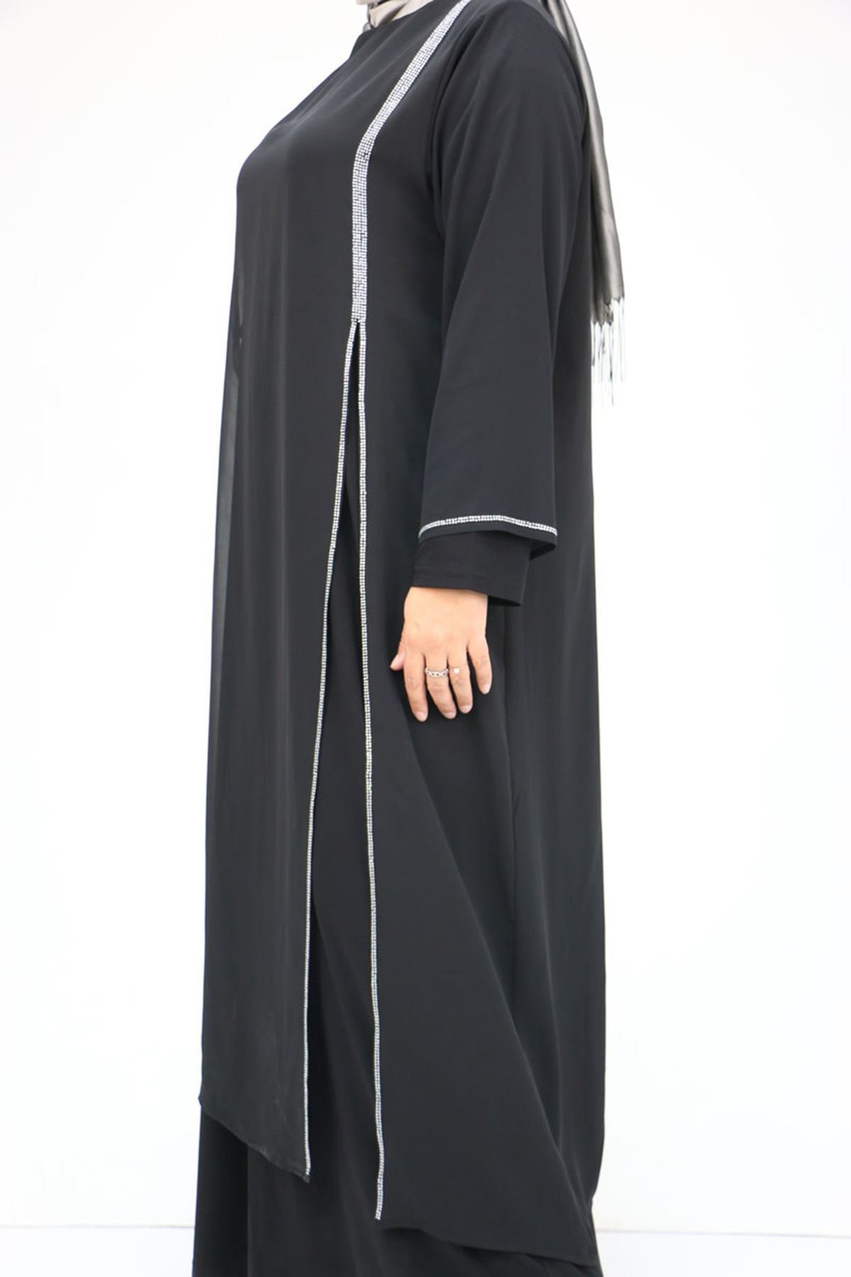 42001 Büyük Beden  Sandy Taş Detaylı Elbise - Siyah