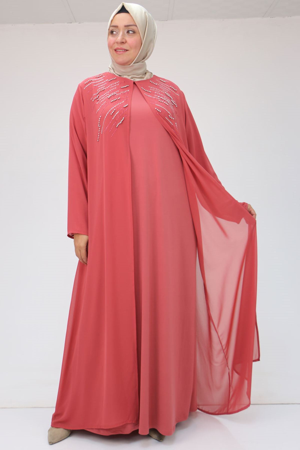 42020 Büyük Beden Taş Baskılı Sandy - Şifon Takım - Gül Kurusu