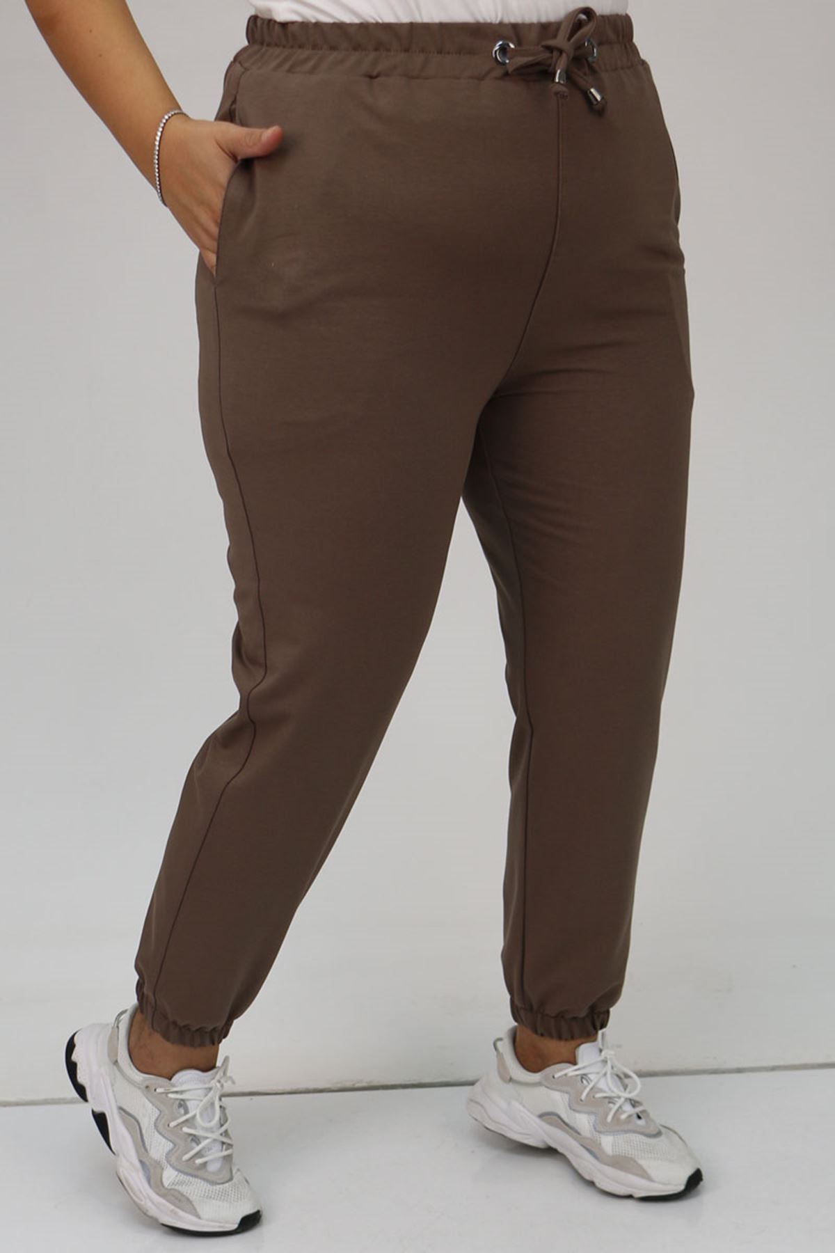 49513 Büyük Beden İki İplik Paça Lastikli Eşofman Altı - Vizon