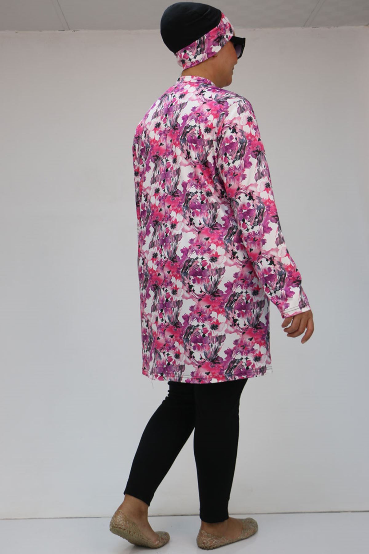 1727 Büyük Beden  Uzunkol Tesettür Mayo Takım - Pembe - Gri