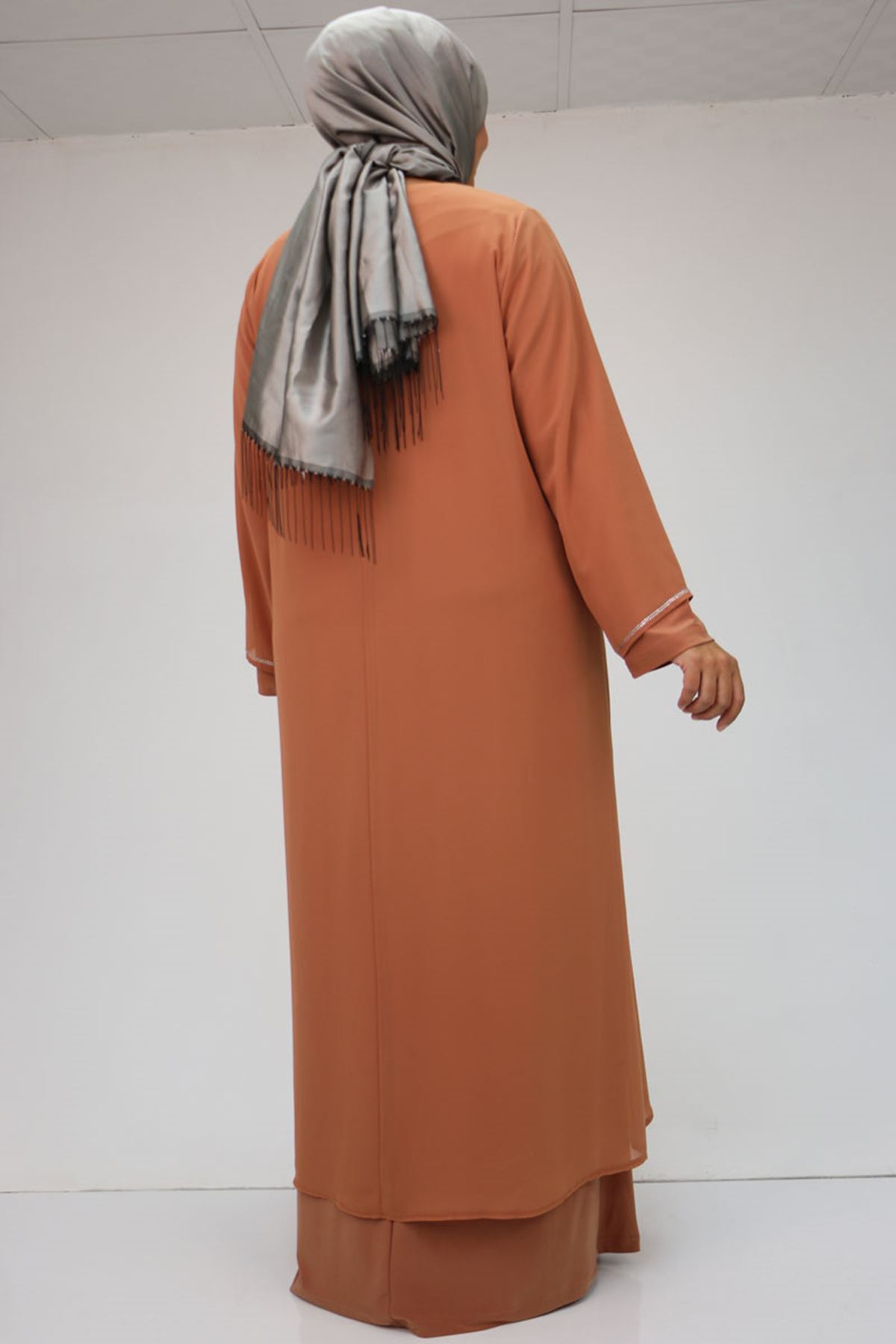 42001 Büyük Beden  Sandy Taş Detaylı Elbise - Somon