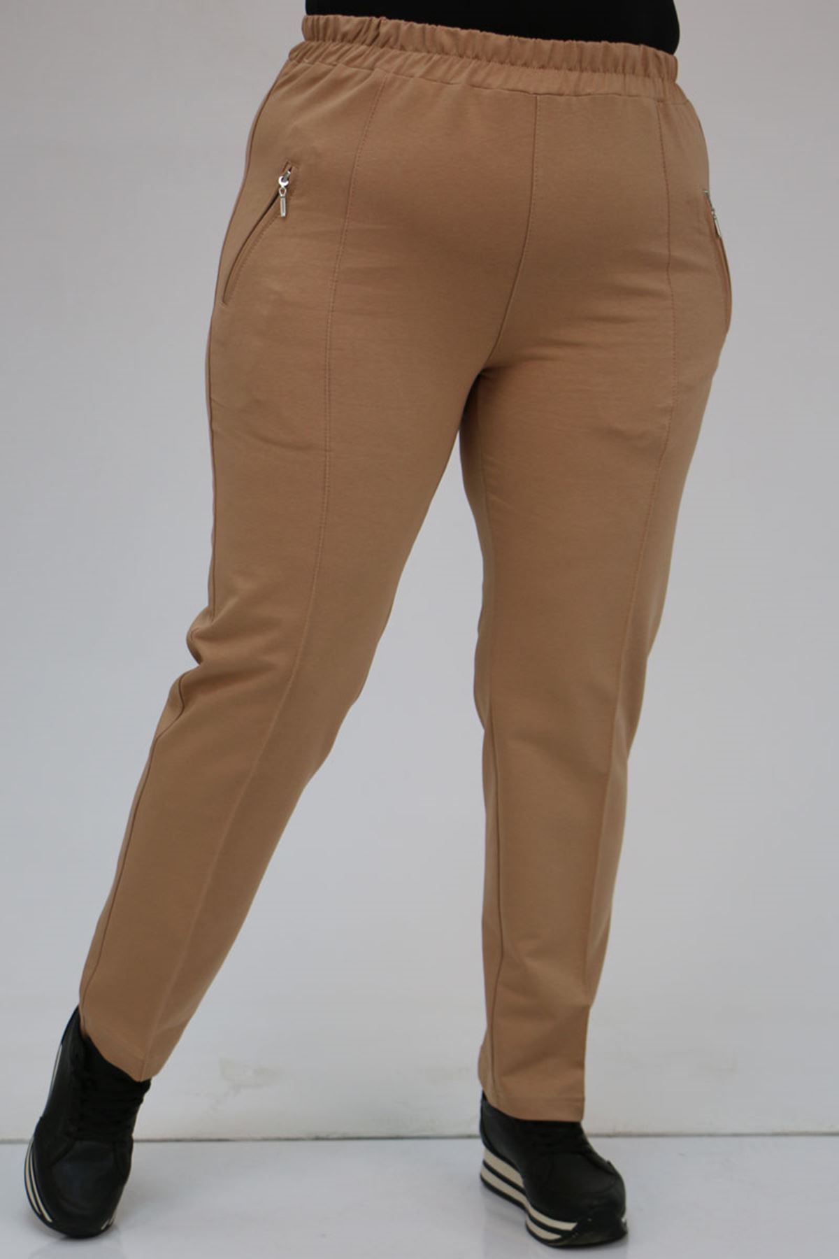 49514 Büyük Beden İki İplik Cepleri Fermuarlı Çimalı Eşofman Altı - Bej