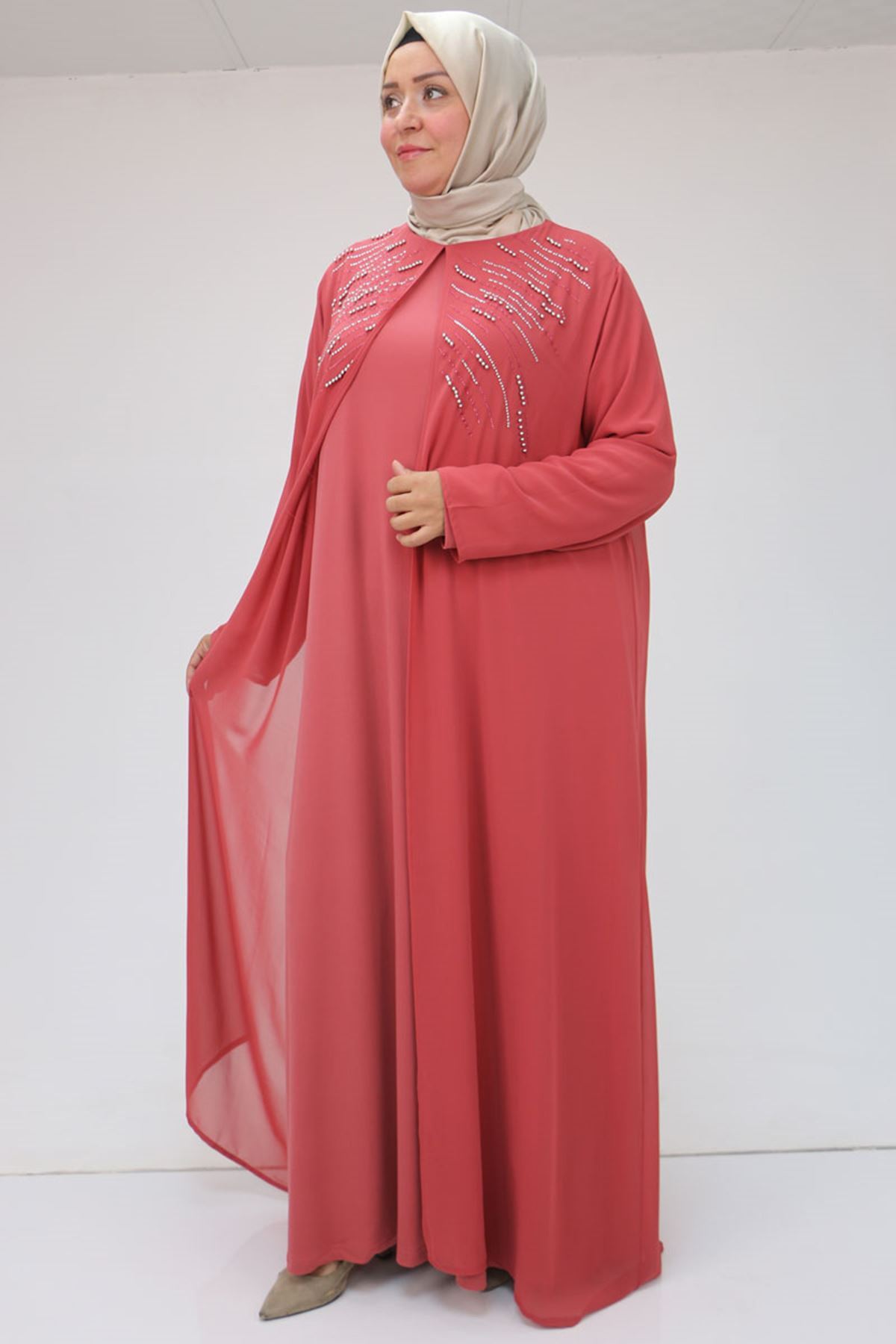 42020 Büyük Beden Taş Baskılı Sandy - Şifon Takım - Gül Kurusu