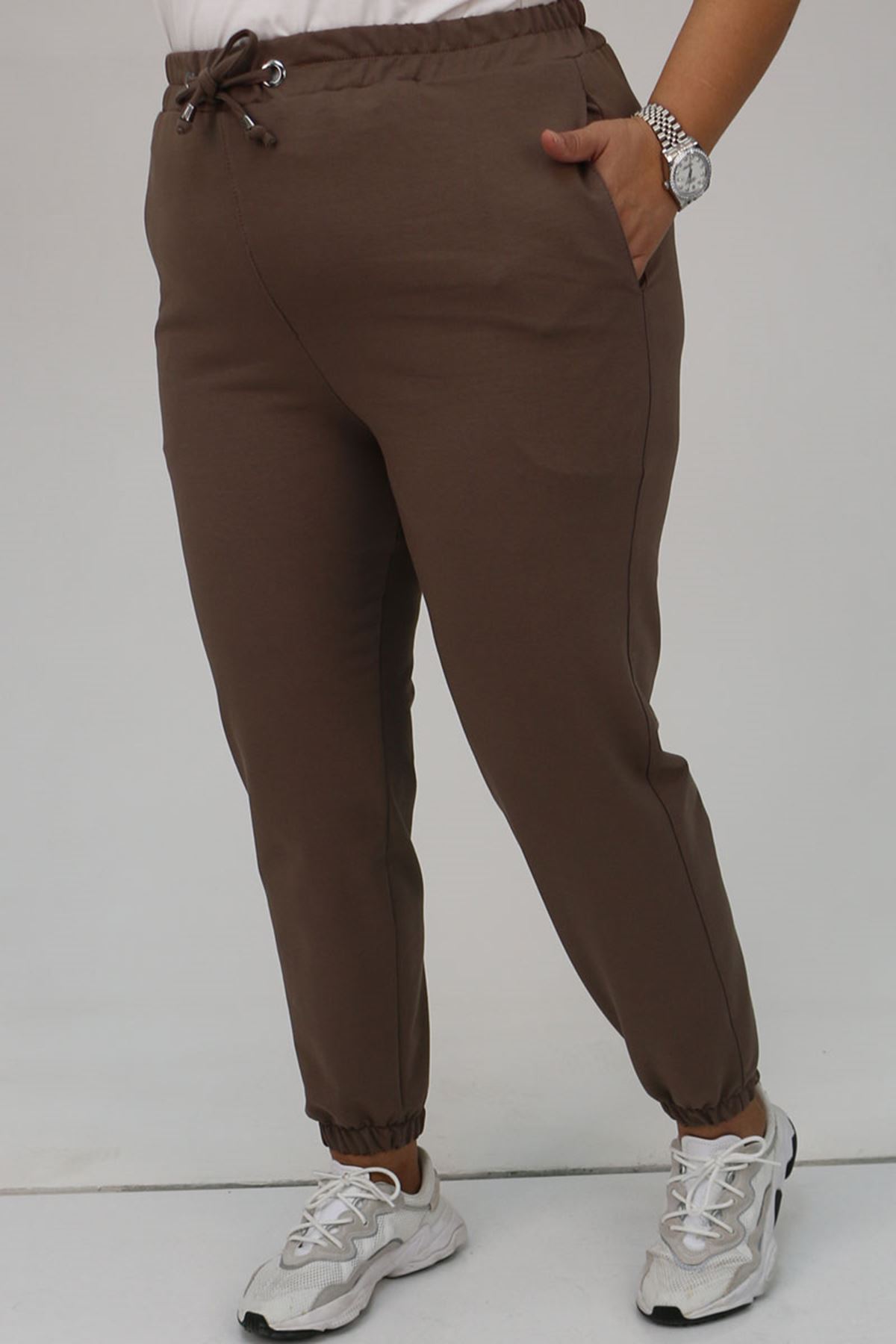 49513 Büyük Beden İki İplik Paça Lastikli Eşofman Altı - Vizon