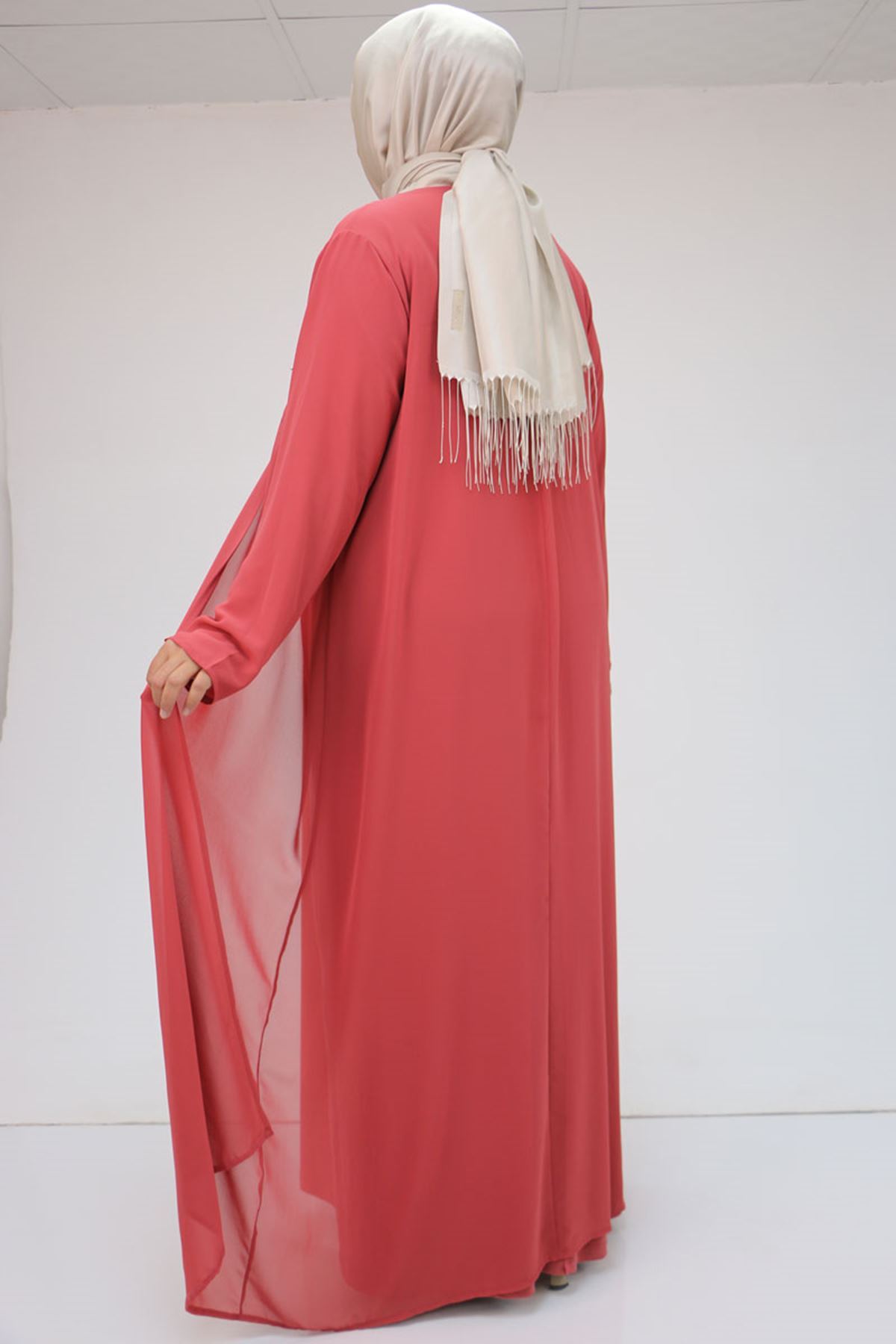 42020 Büyük Beden Taş Baskılı Sandy - Şifon Takım - Gül Kurusu