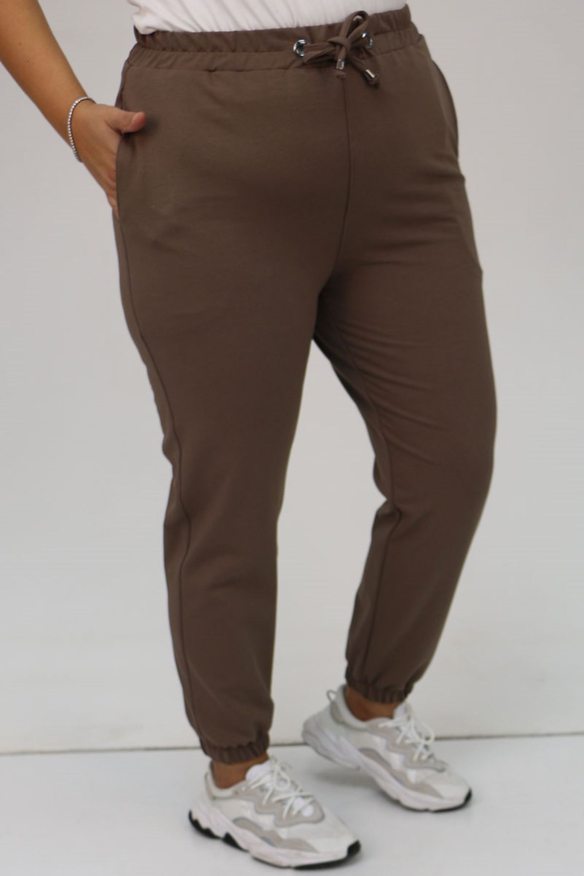 49513 Büyük Beden İki İplik Paça Lastikli Eşofman Altı - Vizon