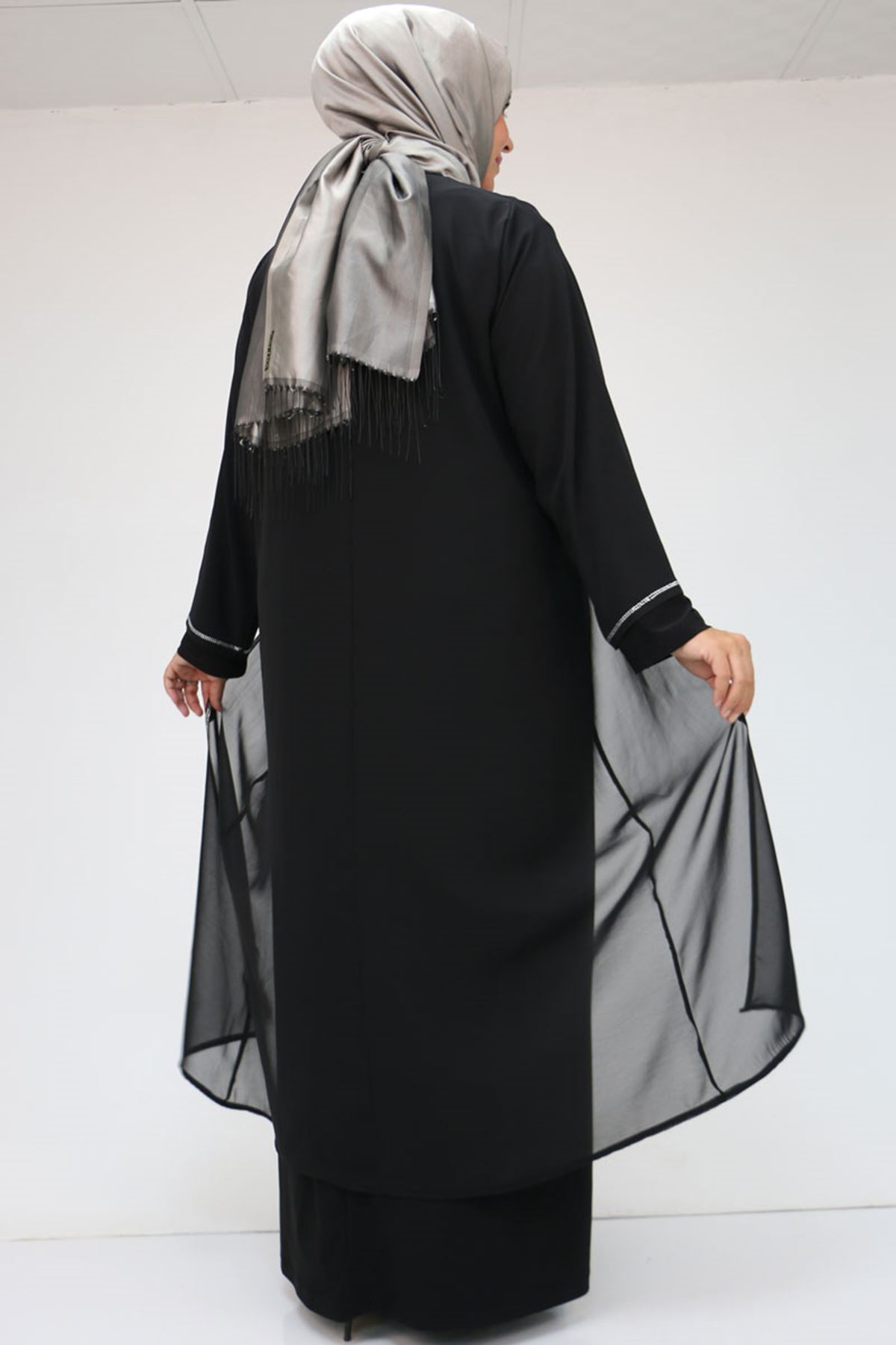 42001 Büyük Beden  Sandy Taş Detaylı Elbise - Siyah