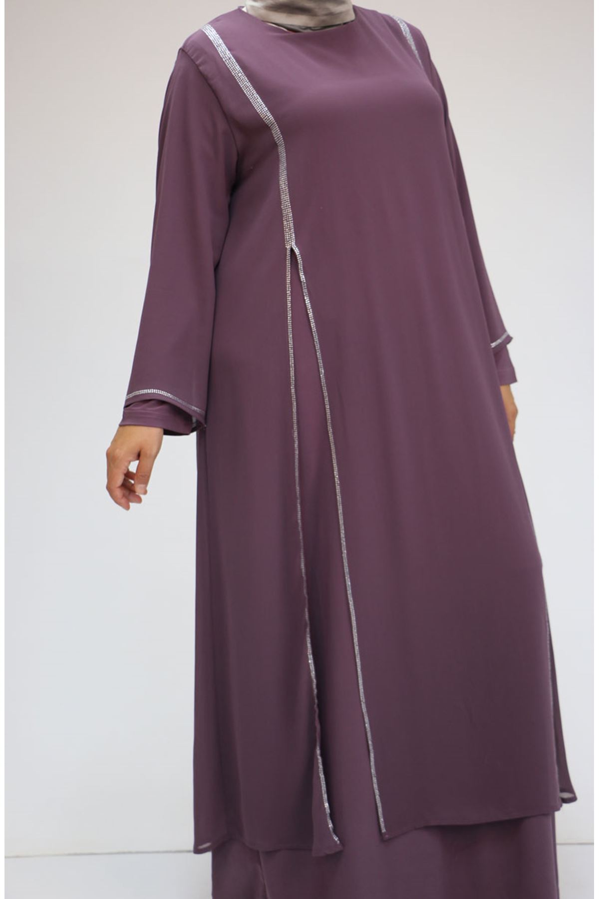 42001 Büyük Beden  Sandy Taş Detaylı Elbise - Gül Kurusu