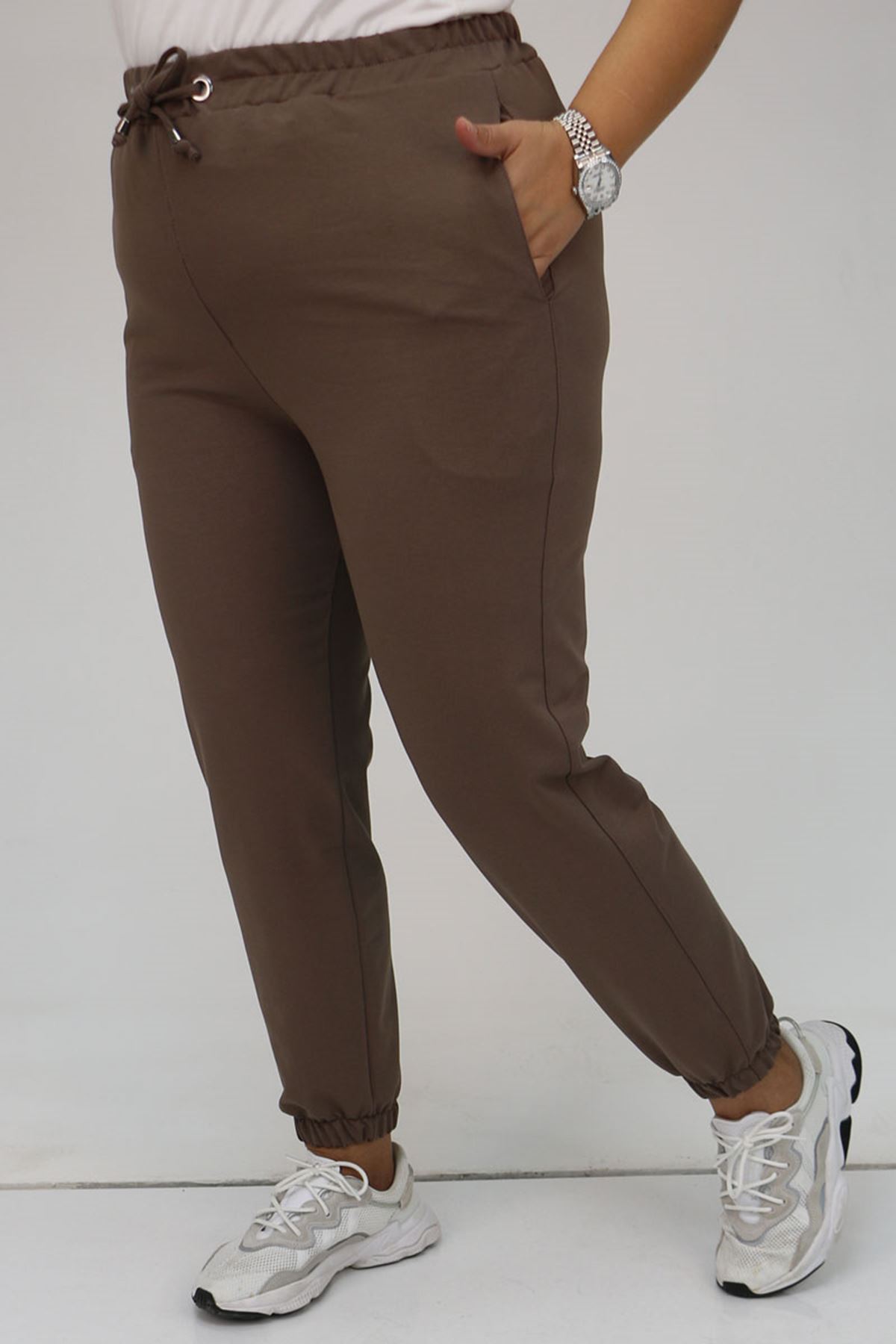 49513 Büyük Beden İki İplik Paça Lastikli Eşofman Altı - Vizon