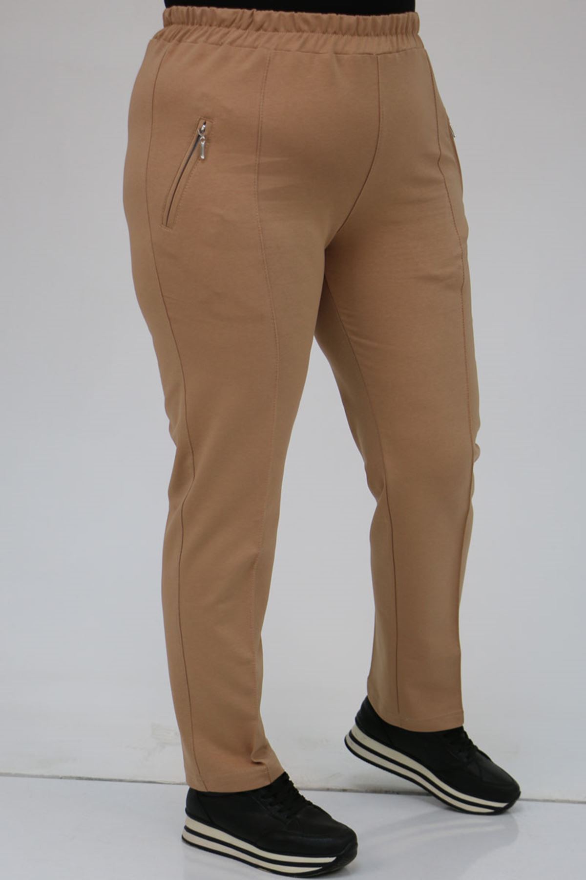 49514 Büyük Beden İki İplik Cepleri Fermuarlı Çimalı Eşofman Altı - Bej