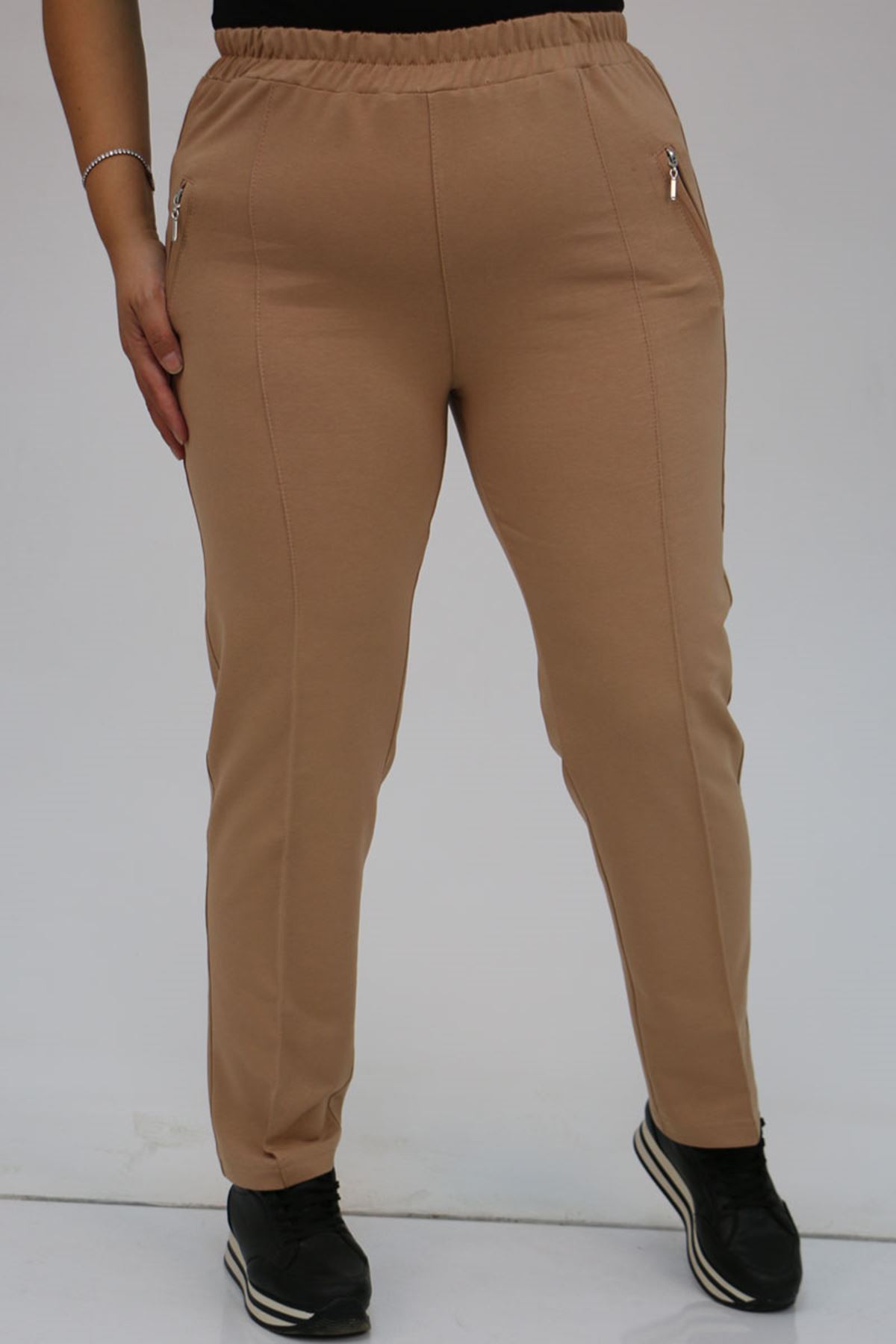 49514 Büyük Beden İki İplik Cepleri Fermuarlı Çimalı Eşofman Altı - Bej