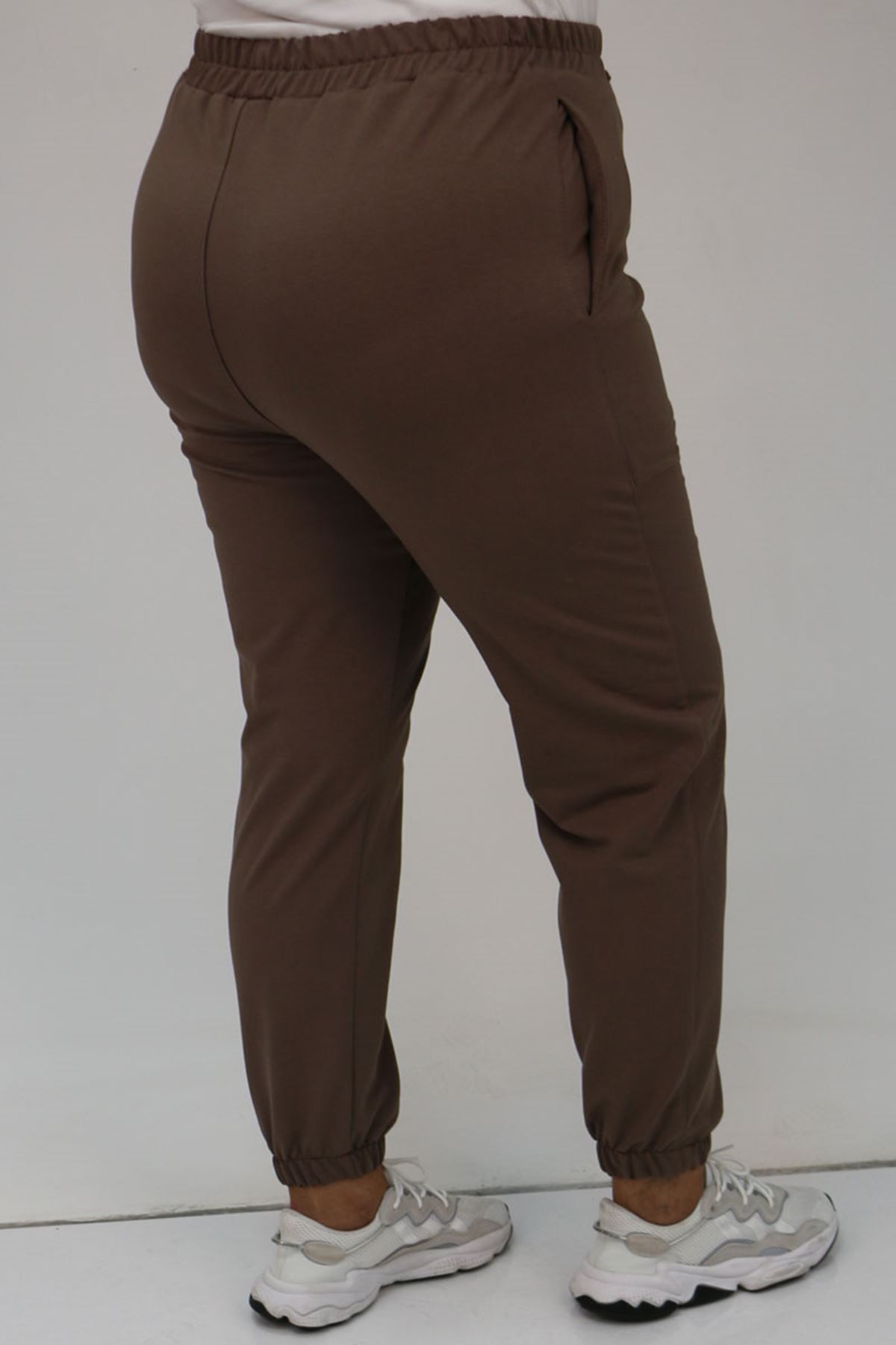 49513 Büyük Beden İki İplik Paça Lastikli Eşofman Altı - Vizon