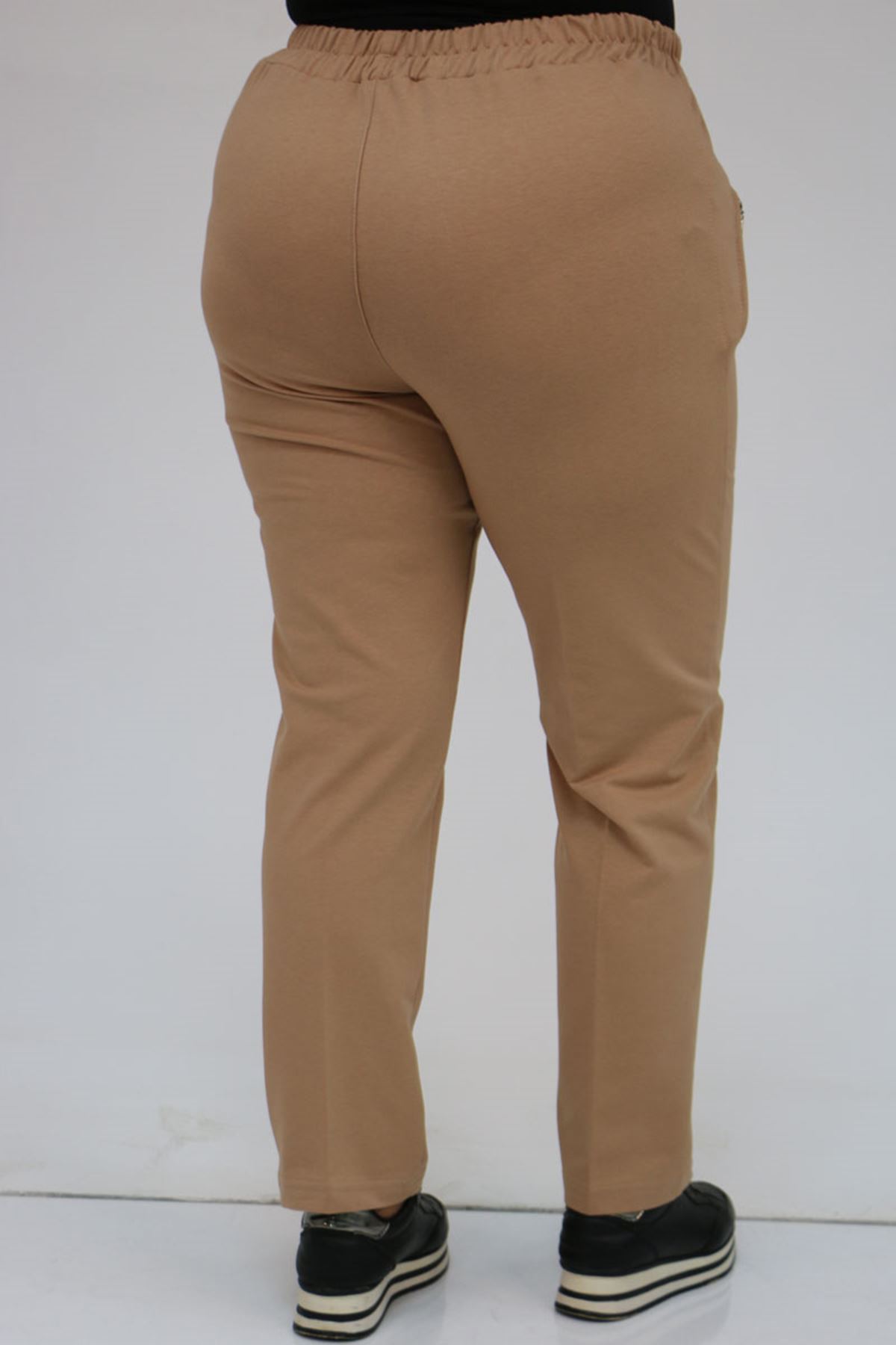 49514 Büyük Beden İki İplik Cepleri Fermuarlı Çimalı Eşofman Altı - Bej