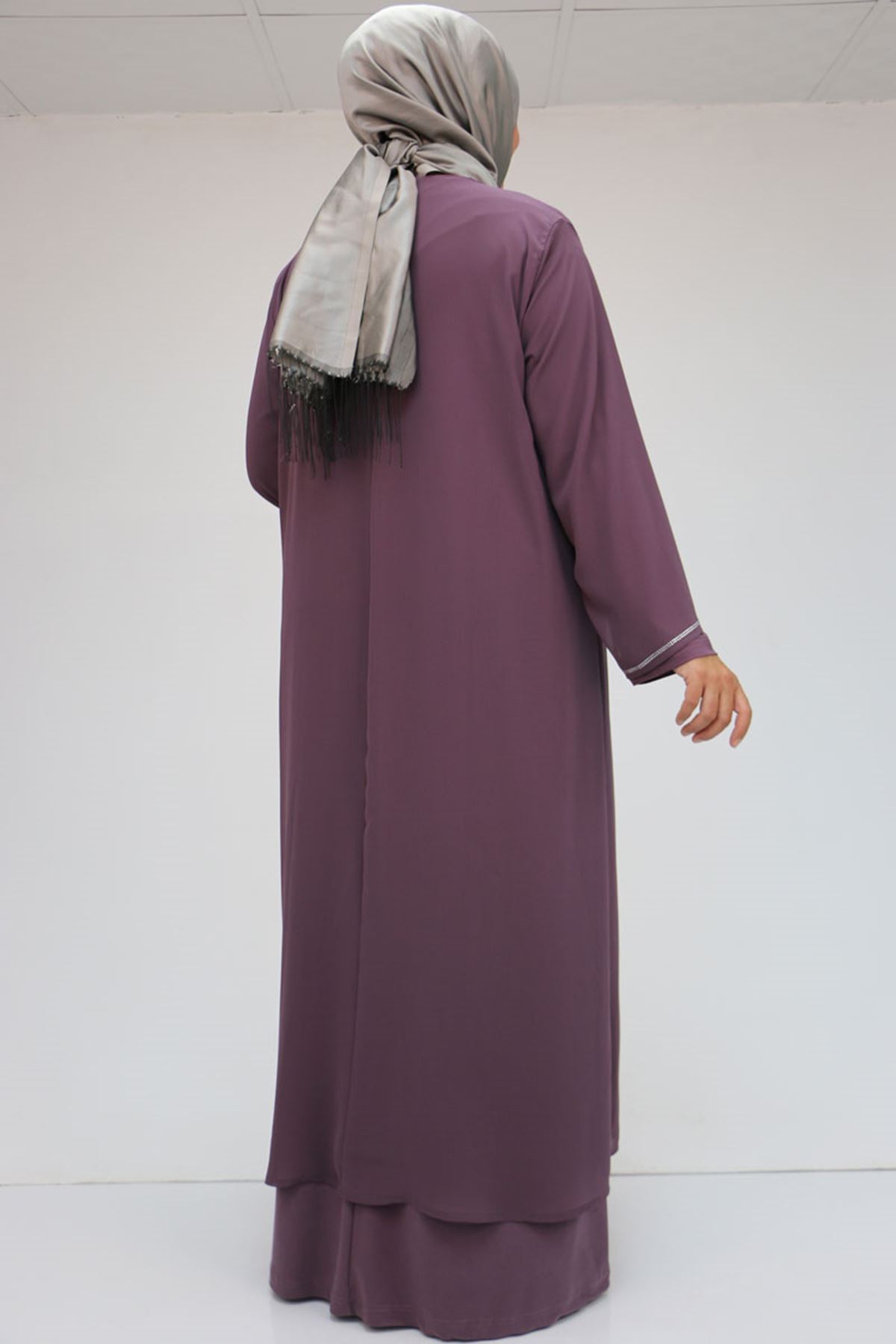 42001 Büyük Beden  Sandy Taş Detaylı Elbise - Gül Kurusu