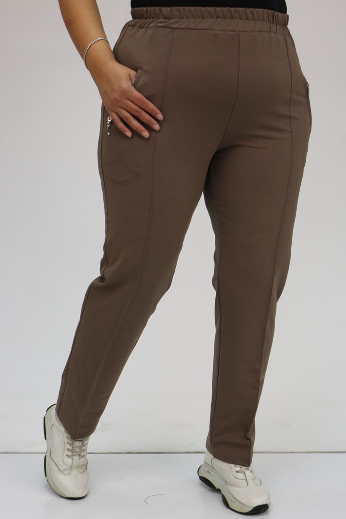 49514 Büyük Beden İki İplik Cepleri Fermuarlı Çimalı Eşofman Altı - Vizon