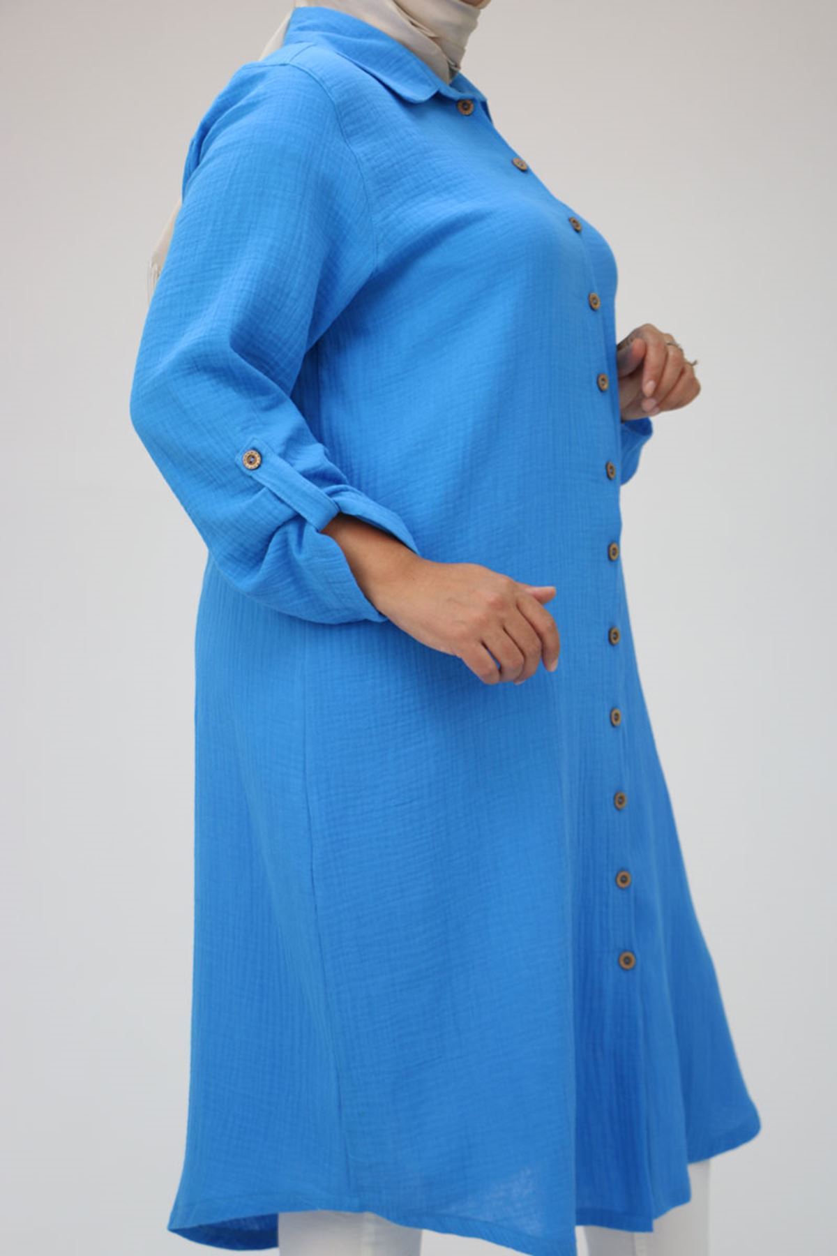 48058 Büyük Beden  Düğmeli Müslin Gömlek - Mavi