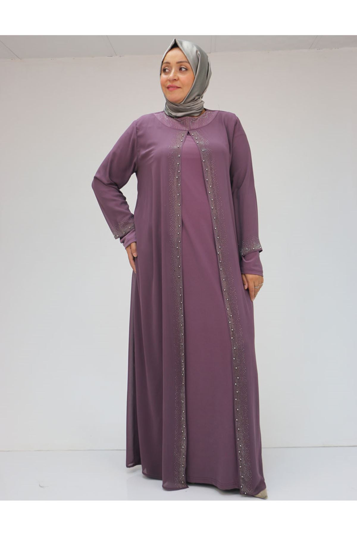 42018 Büyük Beden  Taş Baskılı Sandy-Şifon Elbise - Gül Kurusu