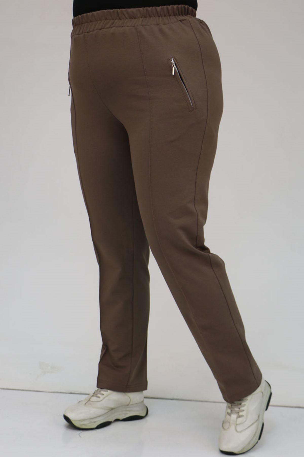 49514 Büyük Beden İki İplik Cepleri Fermuarlı Çimalı Eşofman Altı - Vizon