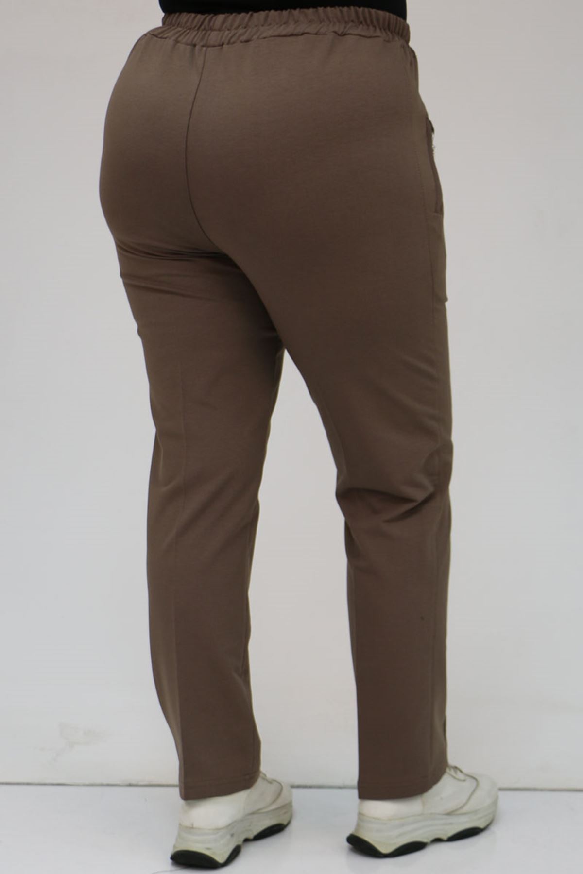 49514 Büyük Beden İki İplik Cepleri Fermuarlı Çimalı Eşofman Altı - Vizon