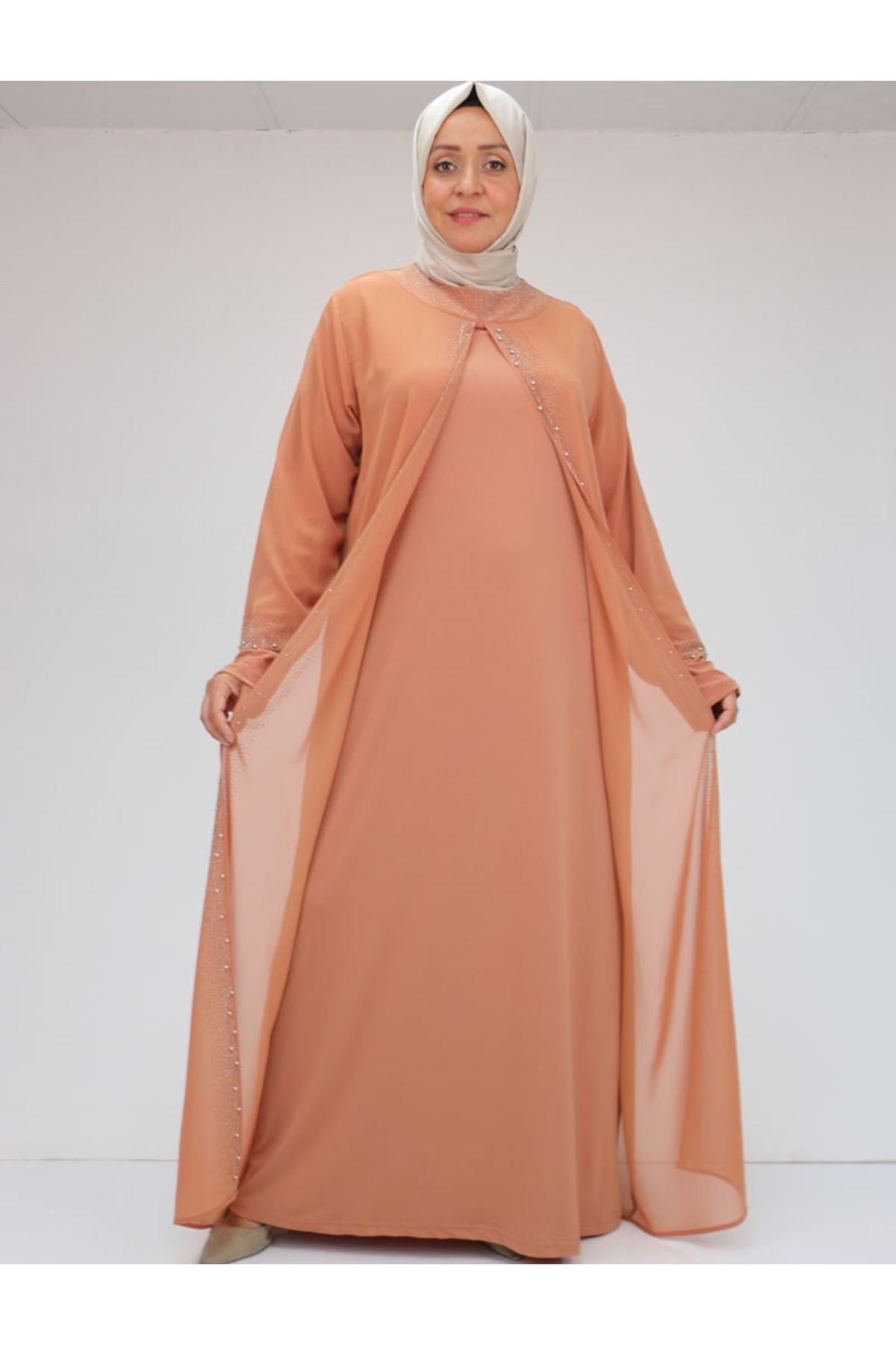 42018 Büyük Beden  Taş Baskılı Sandy-Şifon Elbise - somon